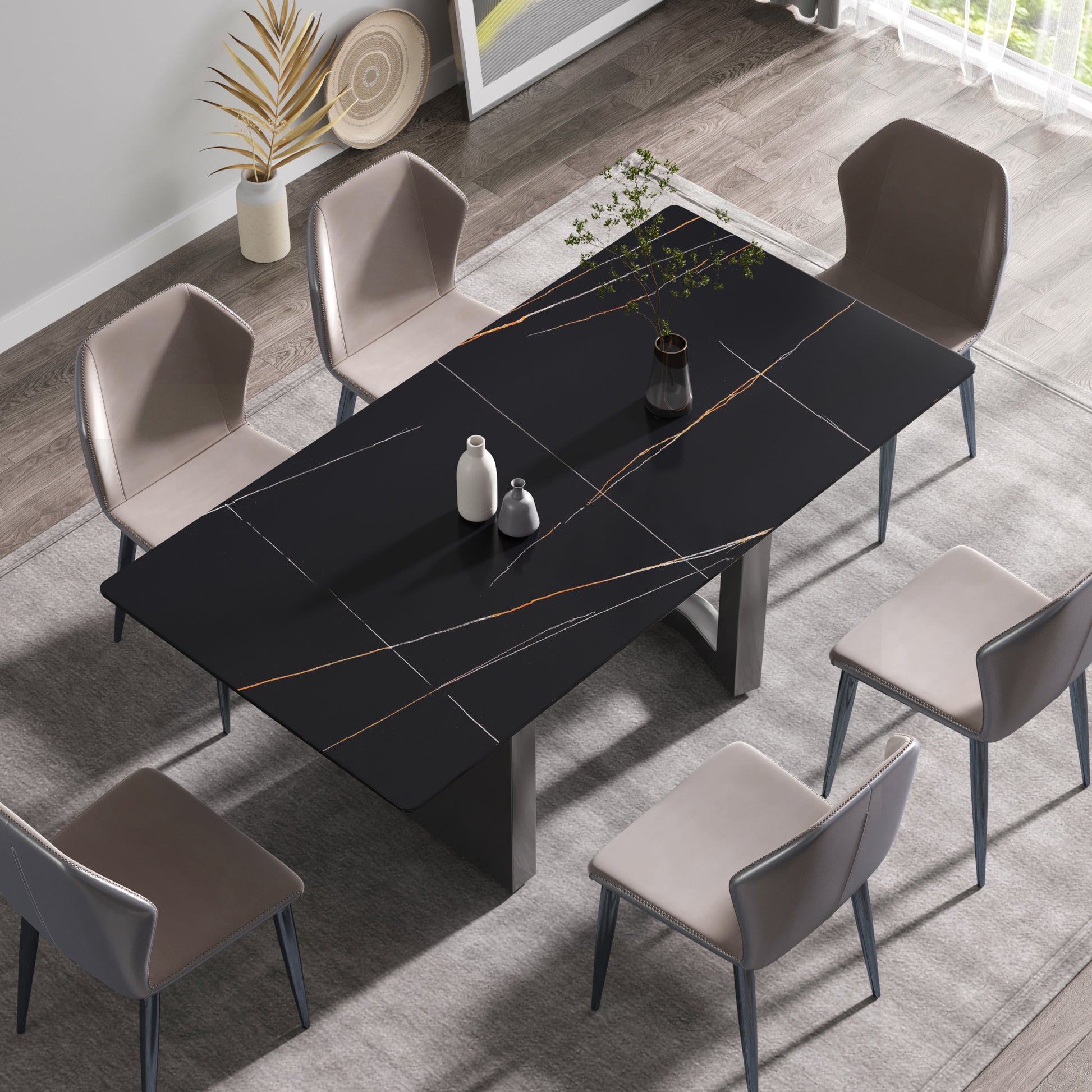 70.87" Modern Artificial Stone Black Straight Edge Black Metal Leg Dining Table Can Accommodate 6 8 People Black Metal Sintered Stone