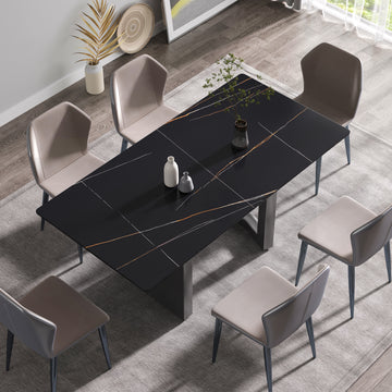 70.87" Modern Artificial Stone Black Straight Edge Black Metal Leg Dining Table Can Accommodate 6 8 People Black Metal Sintered Stone