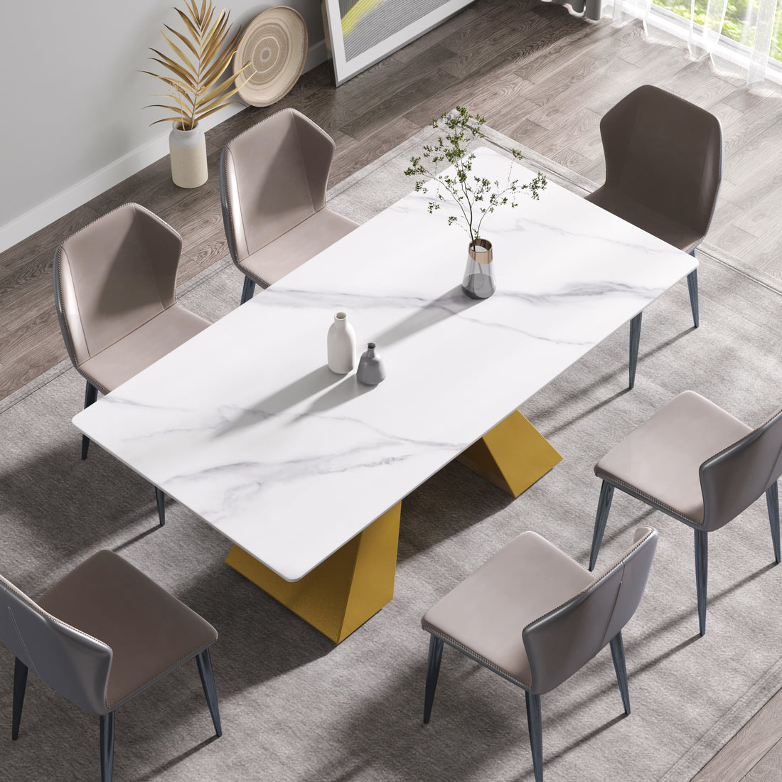 70.87" Modern Artificial Stone White Straight Edge Golden Metal Leg Dining Table Can Accommodate 6 8 People White Metal Sintered Stone