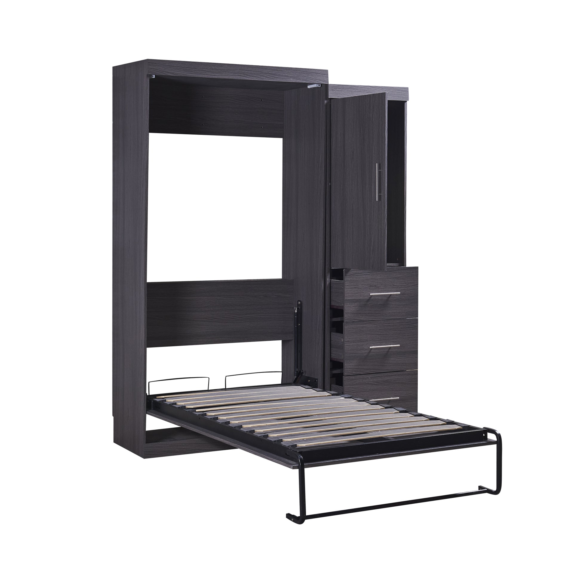 Twin Size Murphy Bed With Wardrobe And Drawers, Storage Bed, Can Be Folded Into A Cabinet, Gray Gray Pine