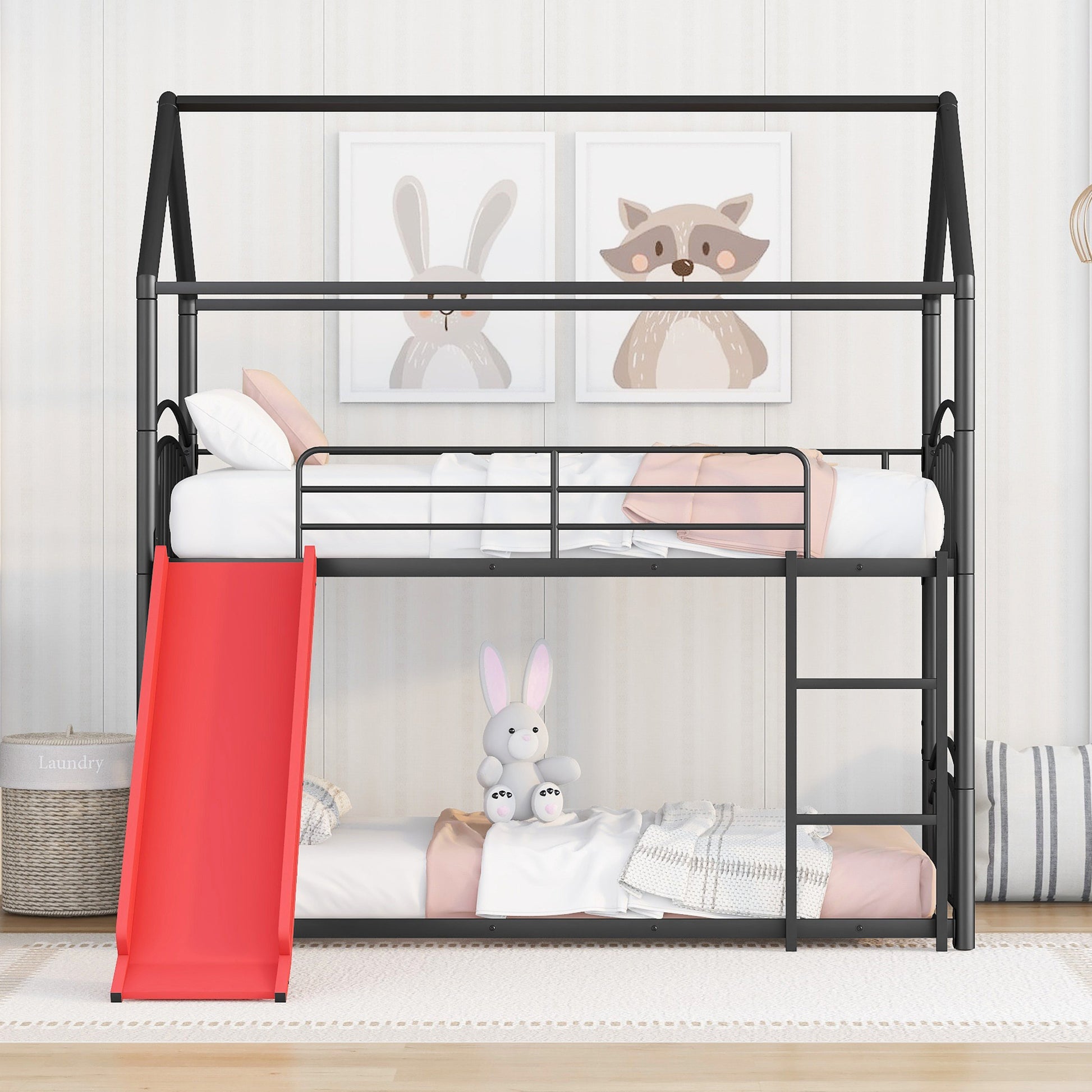 Twin Over Twin Metal Bunk Bed With Slide,Kids House Bed Black Red Twin Black Metal