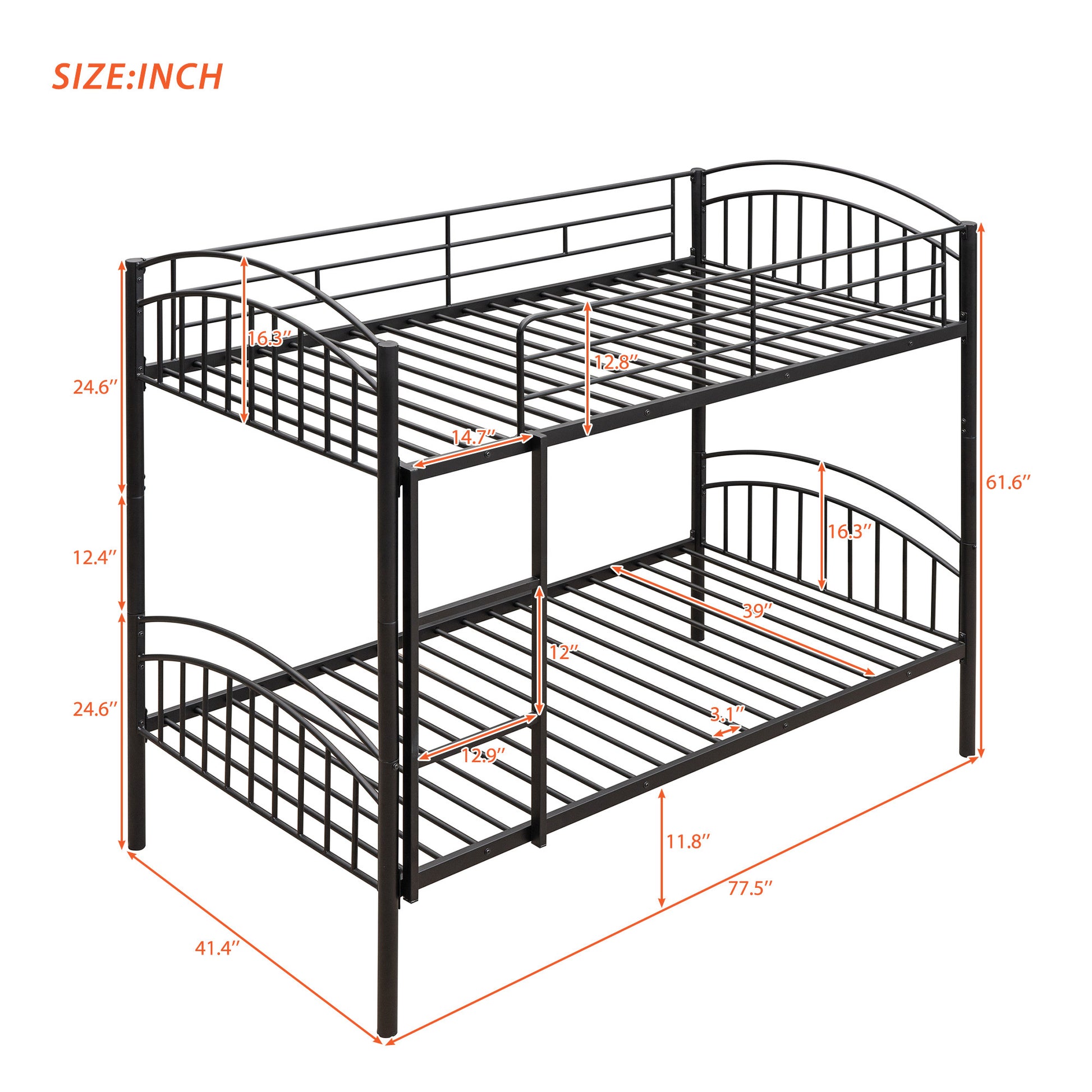 Twin Over Twin Metal Bunk Bed,Divided Into Two Beds Black Old Sku:Mf280424Aab Twin Black Metal