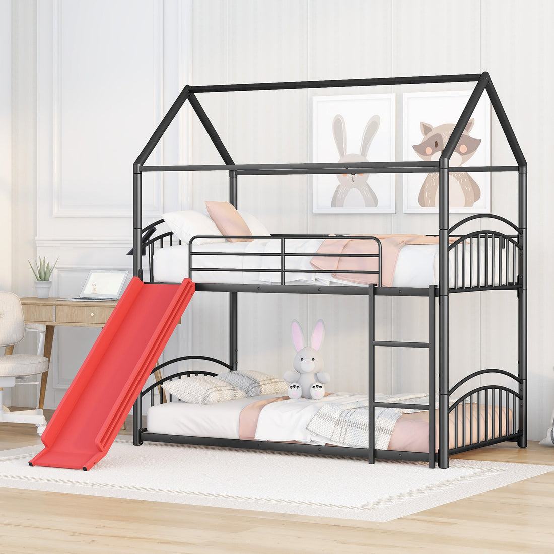 Twin Over Twin Metal Bunk Bed With Slide,Kids House Bed Black Red Twin Black Metal