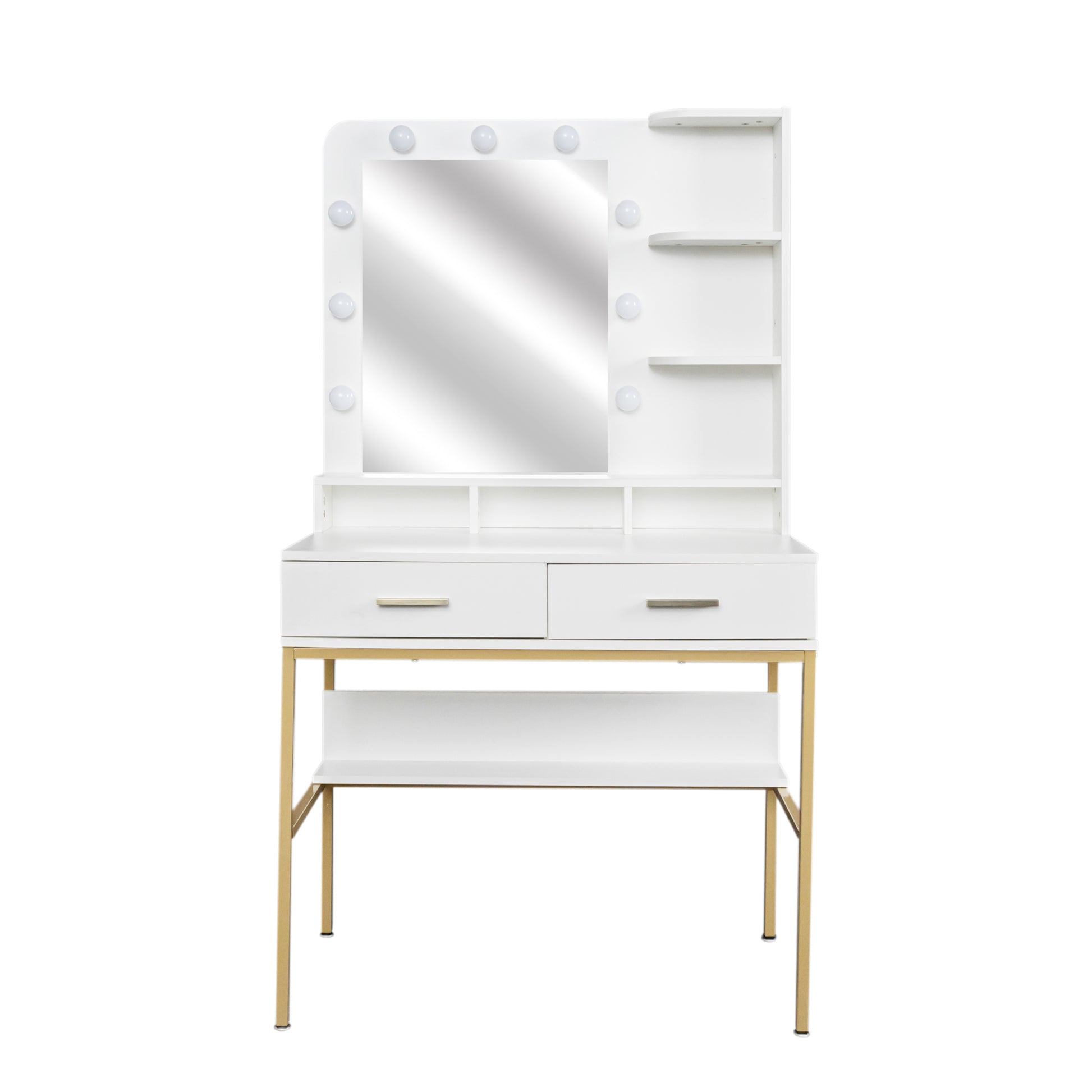 White Modern Simple Vanity With Stool, Solid Metal Frame Construction, 9 Led Lights Illuminate Makeup Mirror, Adjustable Brightness White Particle Board Mdf