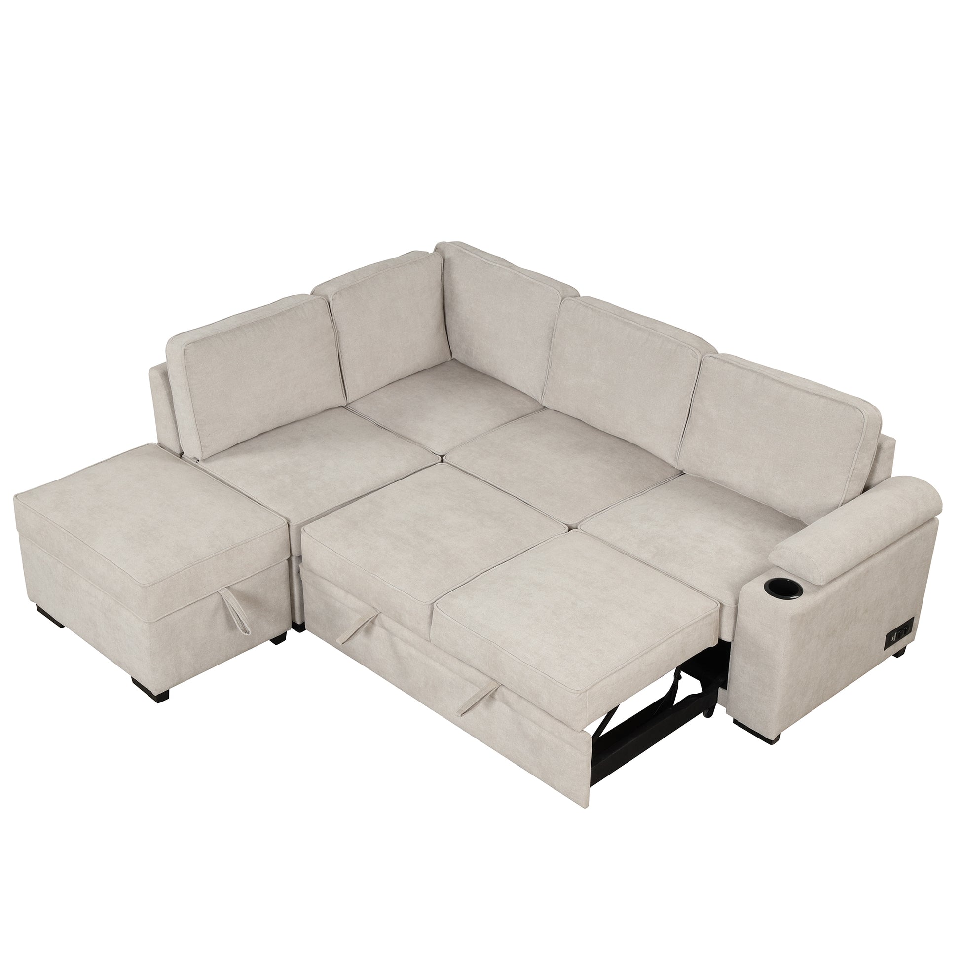 84.75" Sleeper Sofa Bed,2 In 1 Pull Out Sofa Bed L Shape Couch With Storage Ottoman For Living Room,Bedroom Couch And Small Apartment, Beige Beige Foam Linen 4 Seat