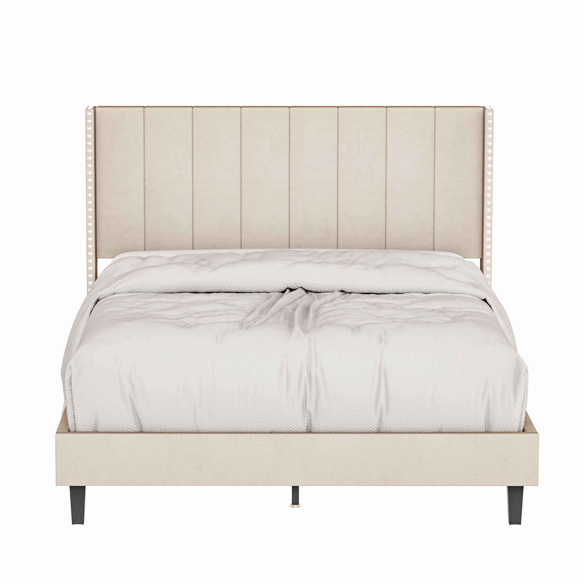 Queen Bed Frame Velvet Upholstered Bed Frame With Vertical Channel Tufted Headboard Beige Beige Solid Wood