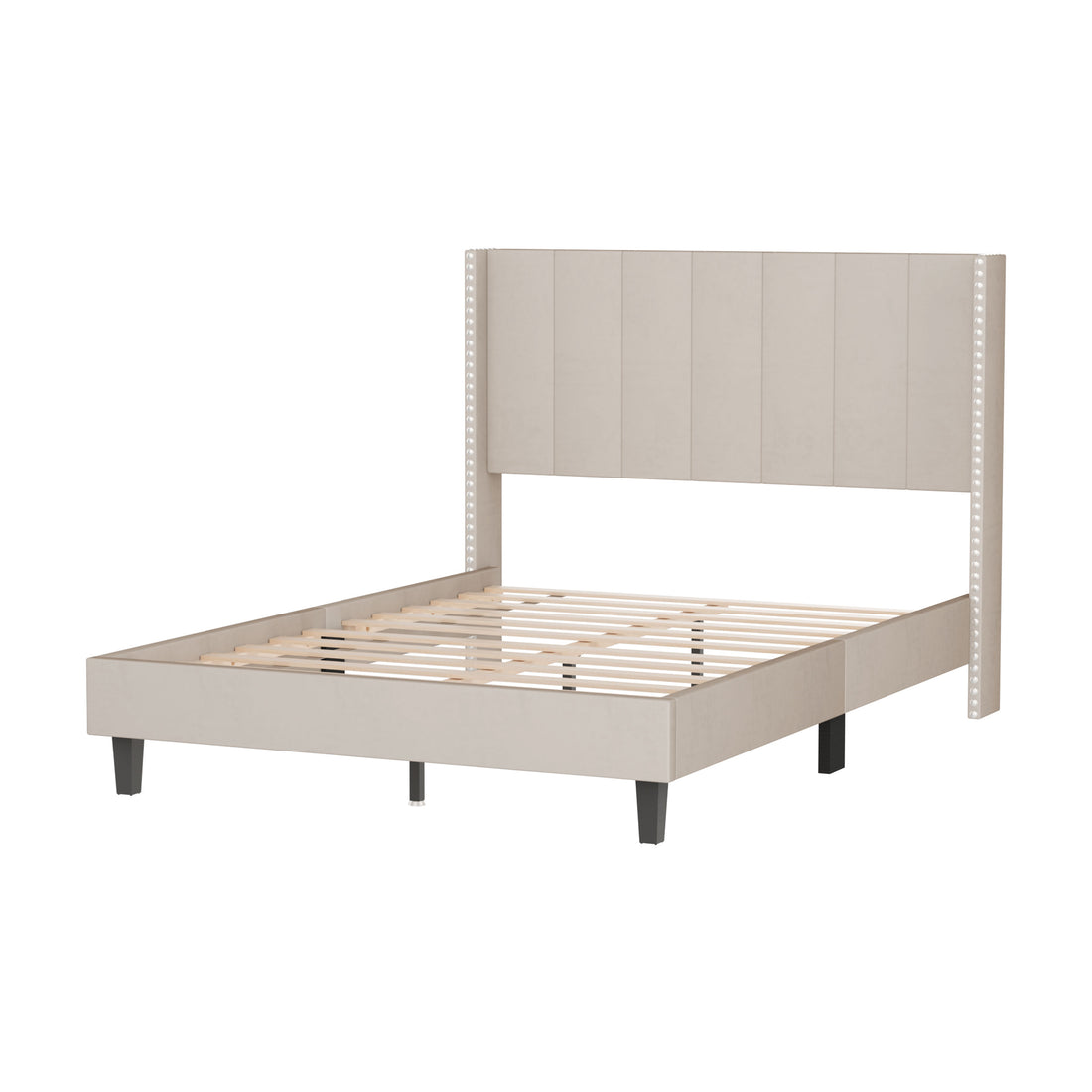 Velvet Upholstered Bed Frame With Vertical Channel Tufted Headboard,Modern Decorative Nailheads, Full Size Bed Frame Beige Beige Solid Wood