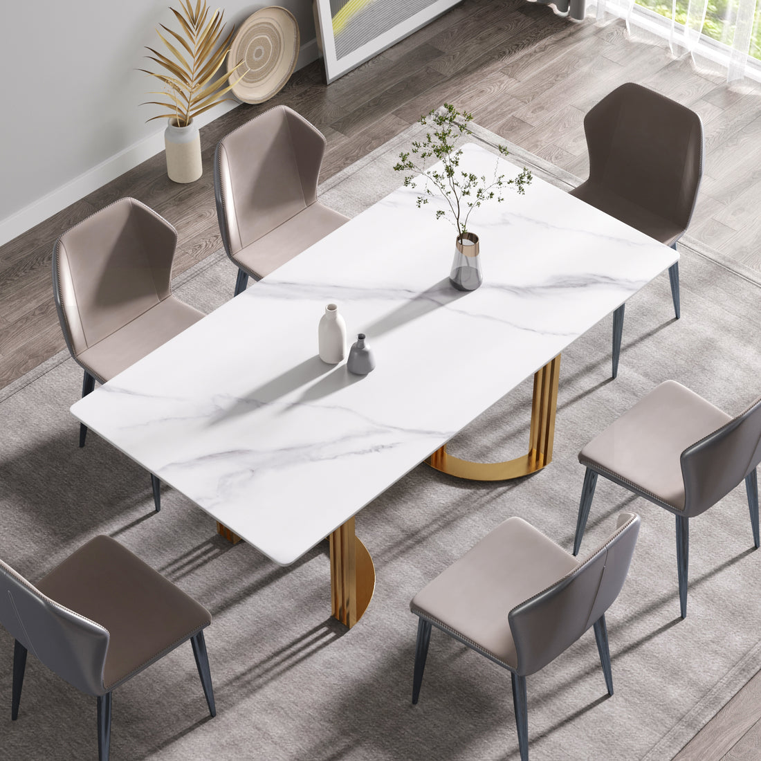 70.87" Modern Artificial Stone White Straight Edge Golden Metal Leg Dining Table Can Accommodate 6 8 People White Metal Sintered Stone