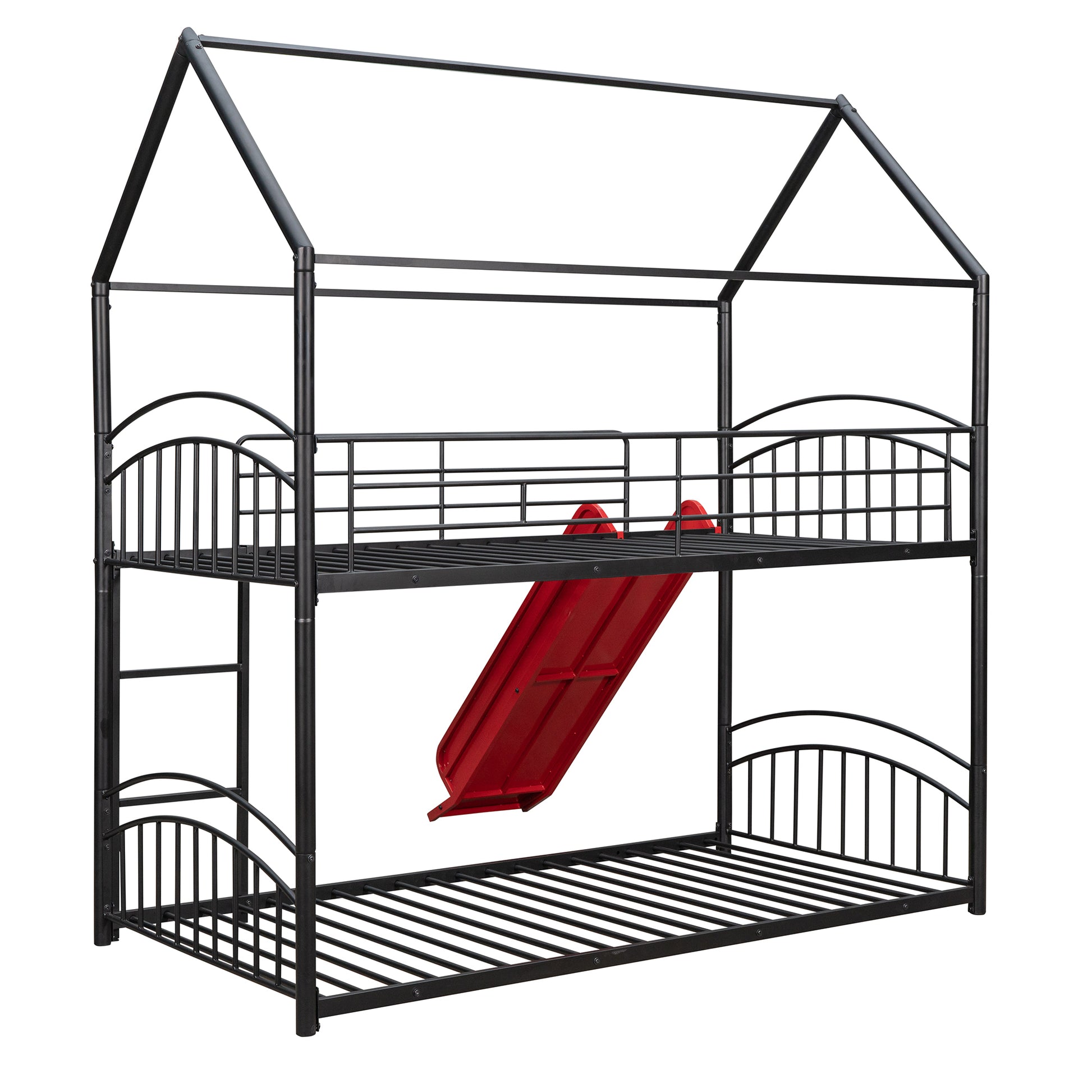 Twin Over Twin Metal Bunk Bed With Slide,Kids House Bed Black Red Twin Black Metal
