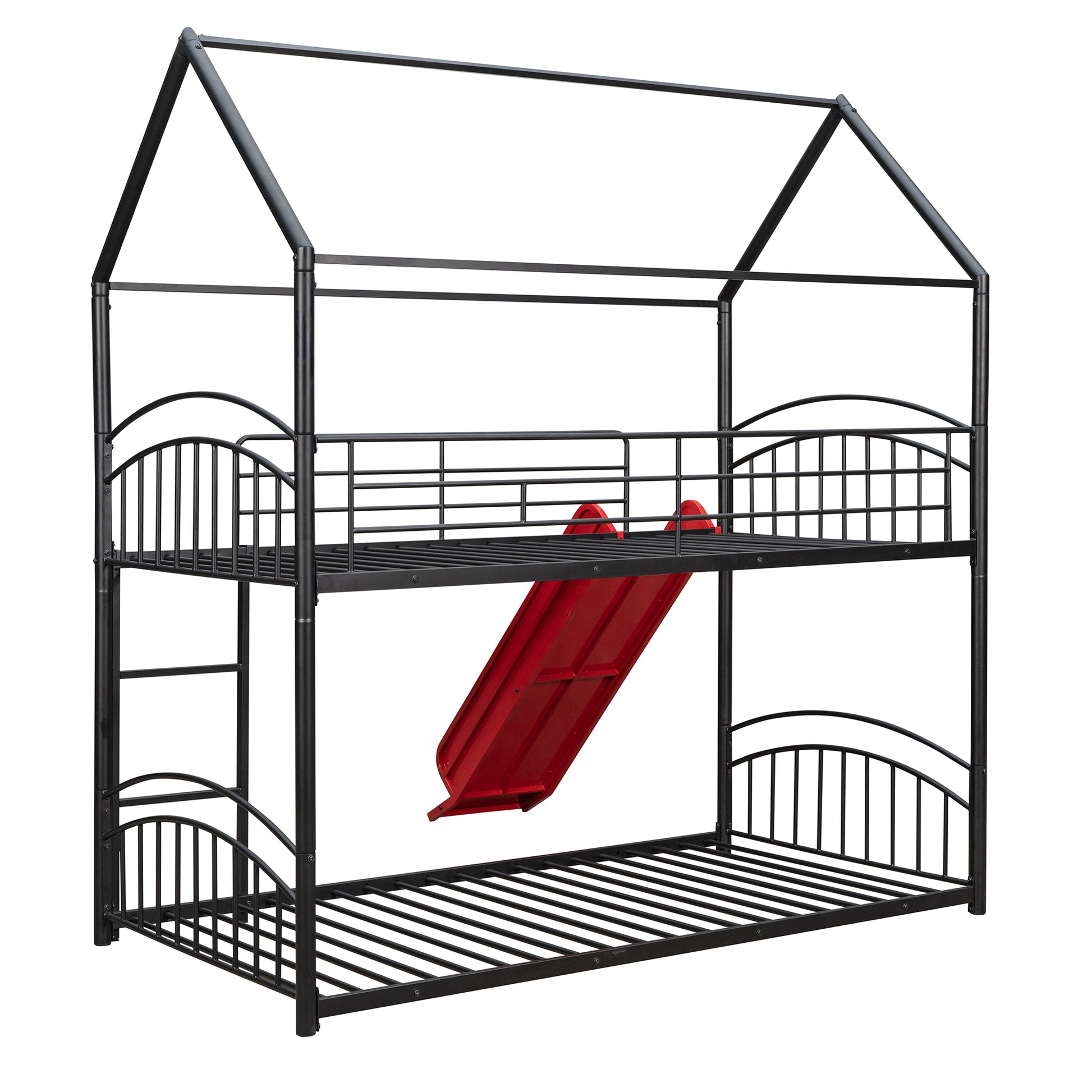 Twin Over Twin Metal Bunk Bed With Slide,Kids House Bed Black Red Black Metal