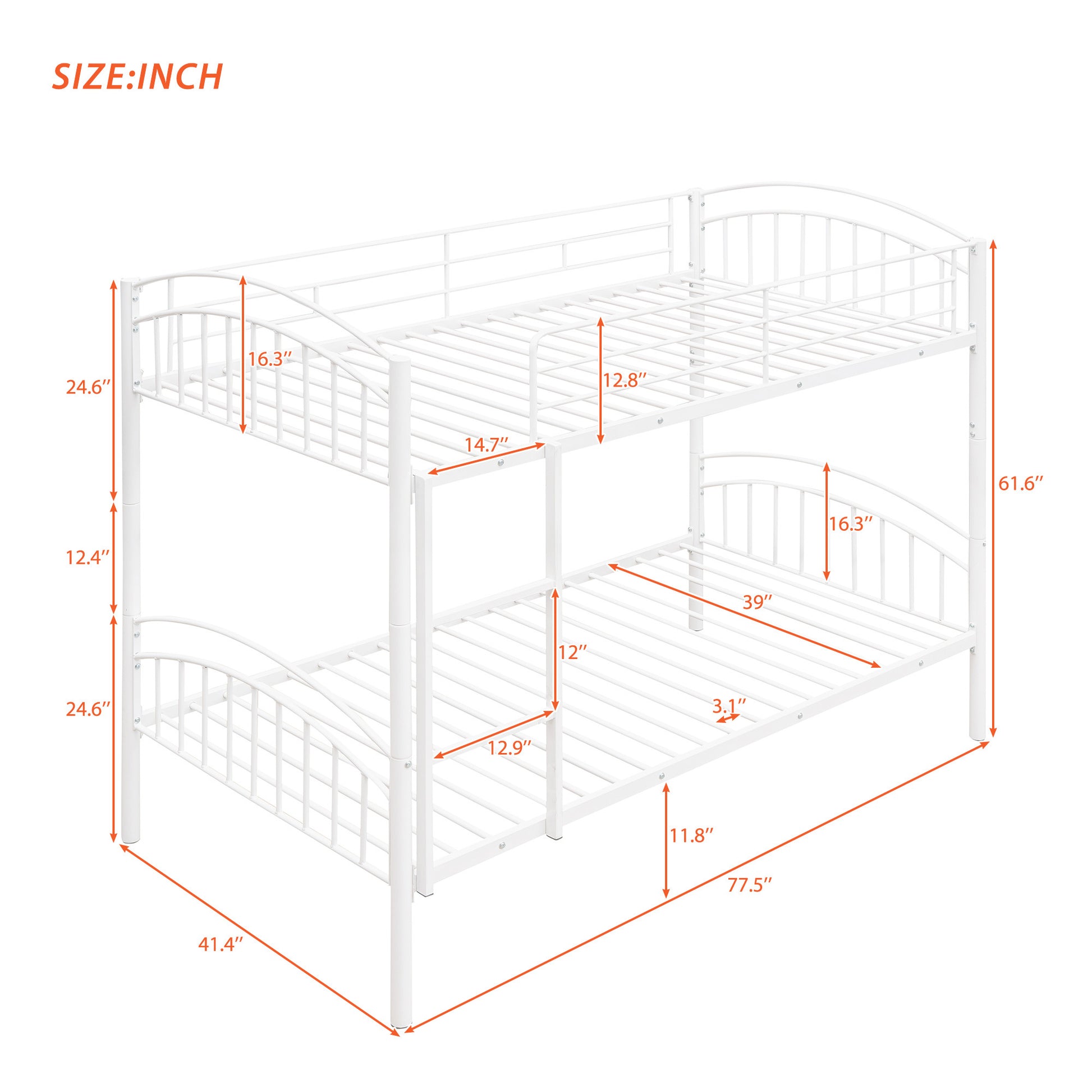 Twin Over Twin Metal Bunk Bed,Divided Into Two Beds White Old Sku:Mf280424Aak Twin White Metal