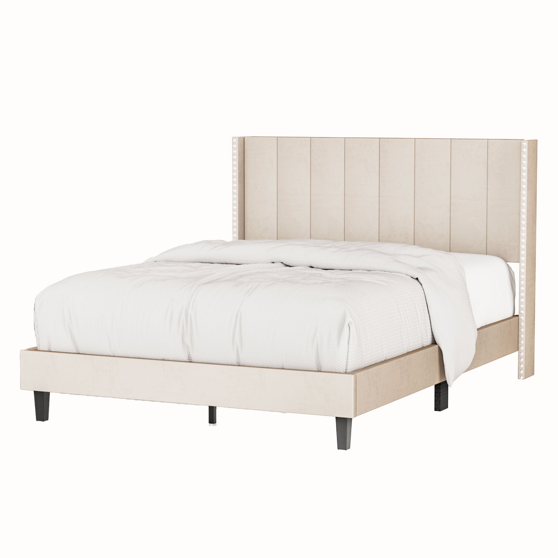 Queen Bed Frame Velvet Upholstered Bed Frame With Vertical Channel Tufted Headboard Beige Beige Solid Wood