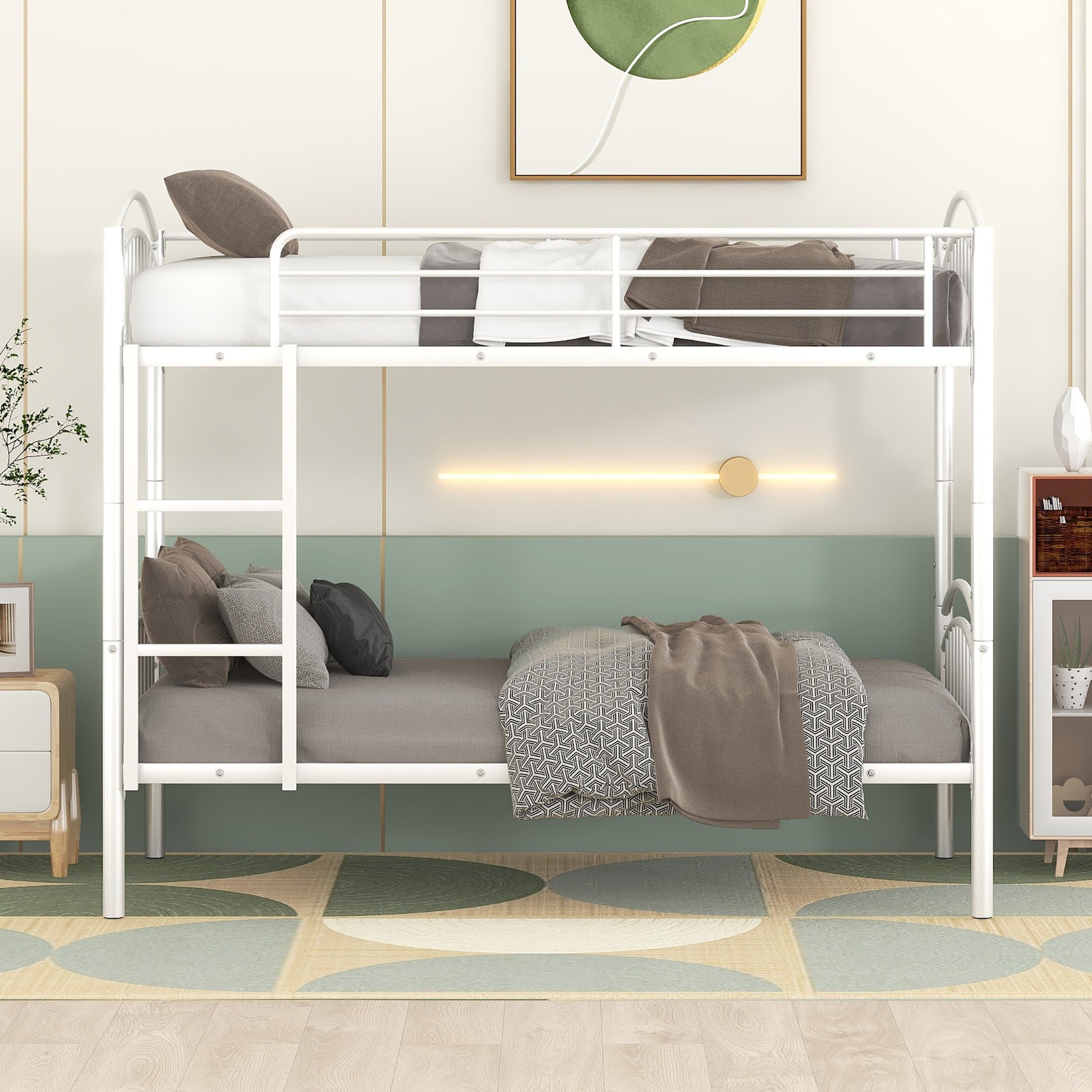 Twin Over Twin Metal Bunk Bed,Divided Into Two Beds White Old Sku:Mf280424Aak Twin White Metal