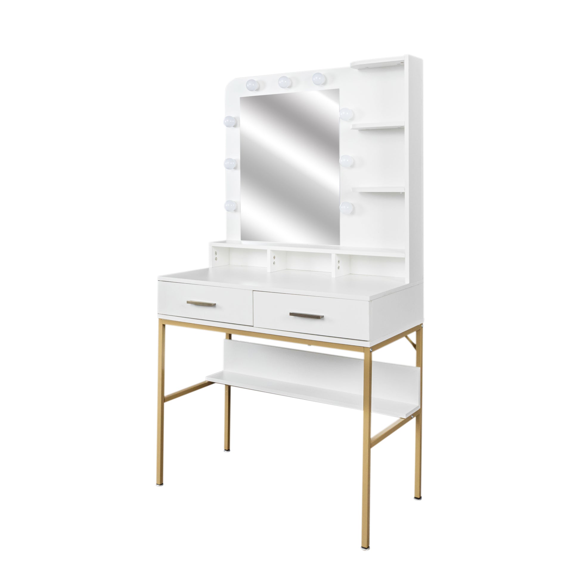 White Modern Simple Vanity With Stool, Solid Metal Frame Construction, 9 Led Lights Illuminate Makeup Mirror, Adjustable Brightness White Particle Board Mdf