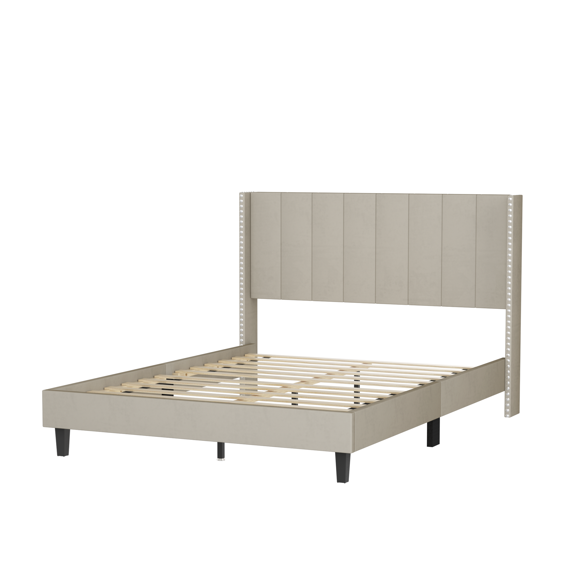 Queen Bed Frame Velvet Upholstered Bed Frame With Vertical Channel Tufted Headboard Beige Beige Solid Wood