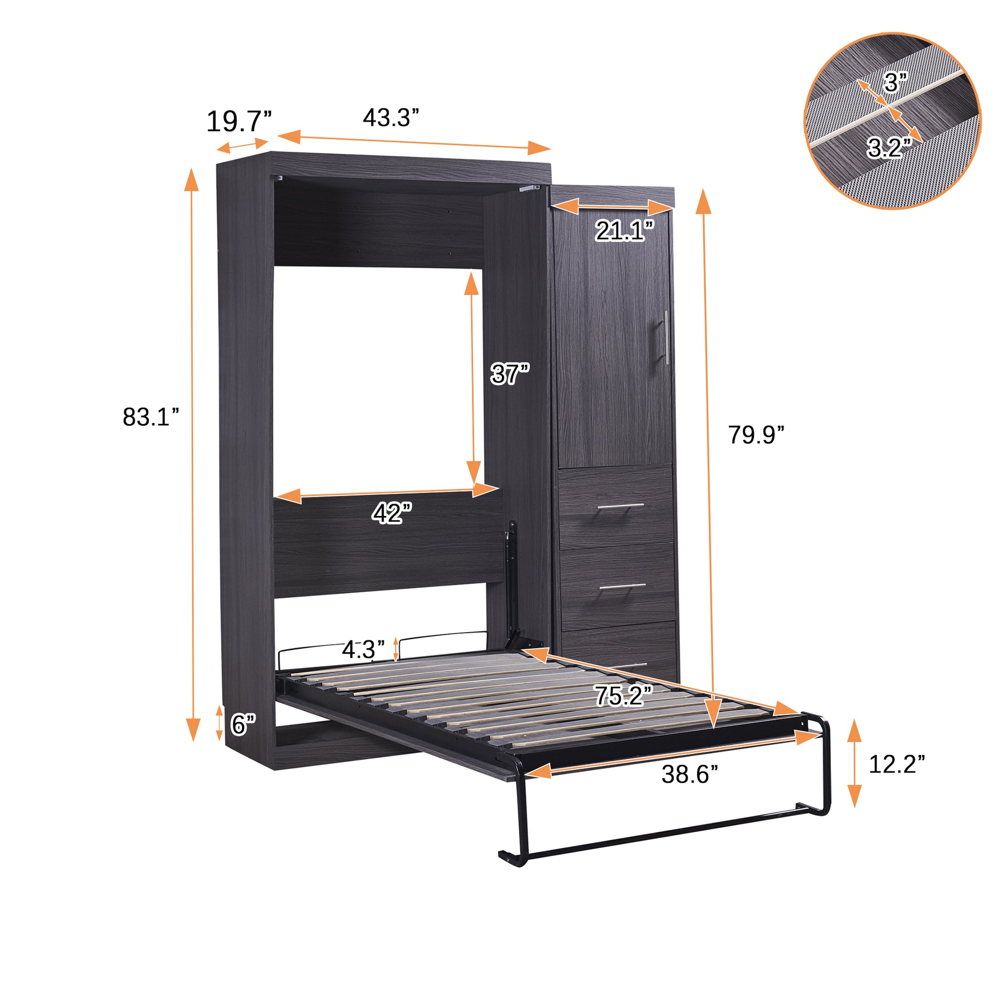 Twin Size Murphy Bed With Wardrobe And Drawers, Storage Bed, Can Be Folded Into A Cabinet, Gray Gray Pine