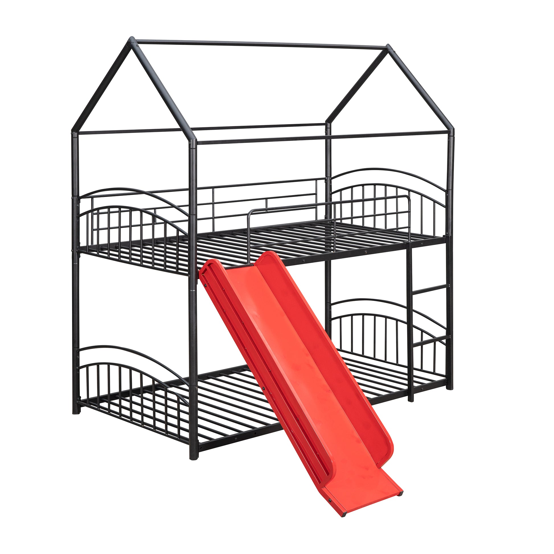 Twin Over Twin Metal Bunk Bed With Slide,Kids House Bed Black Red Black Metal