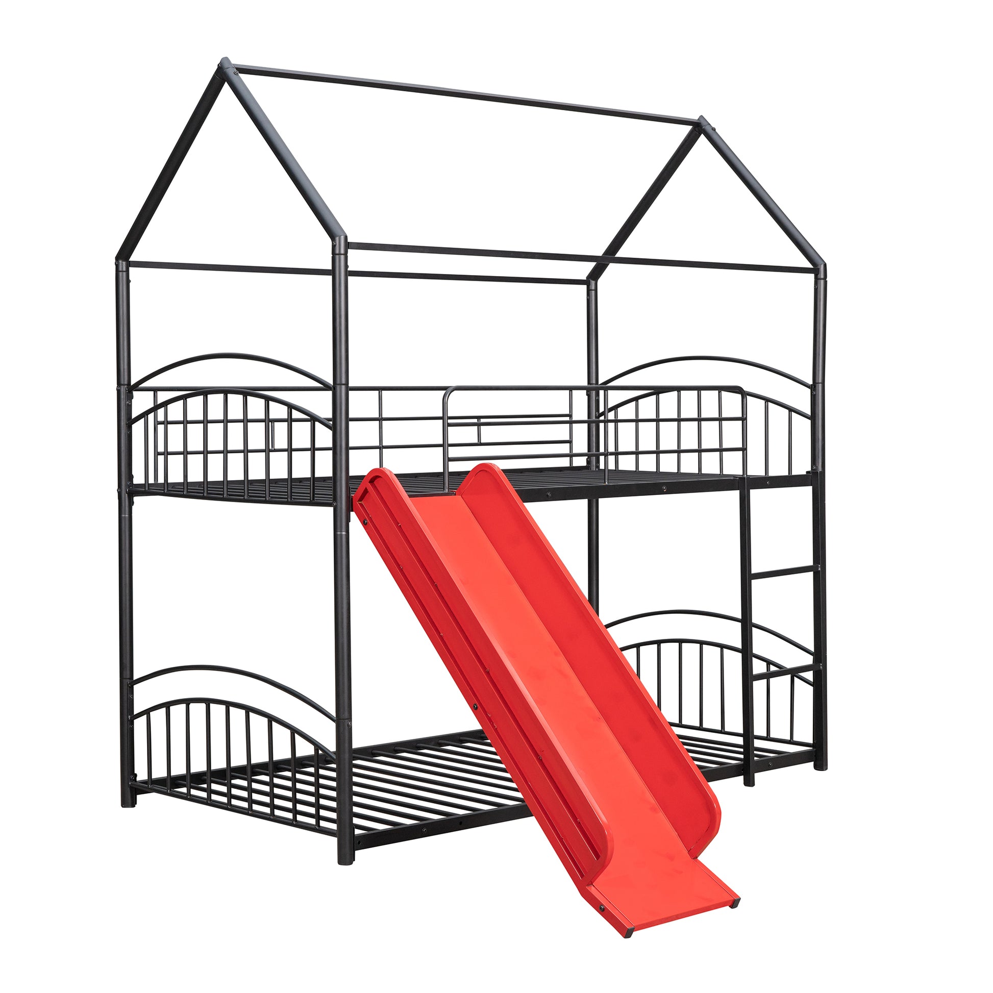 Twin Over Twin Metal Bunk Bed With Slide,Kids House Bed Black Red Twin Black Metal