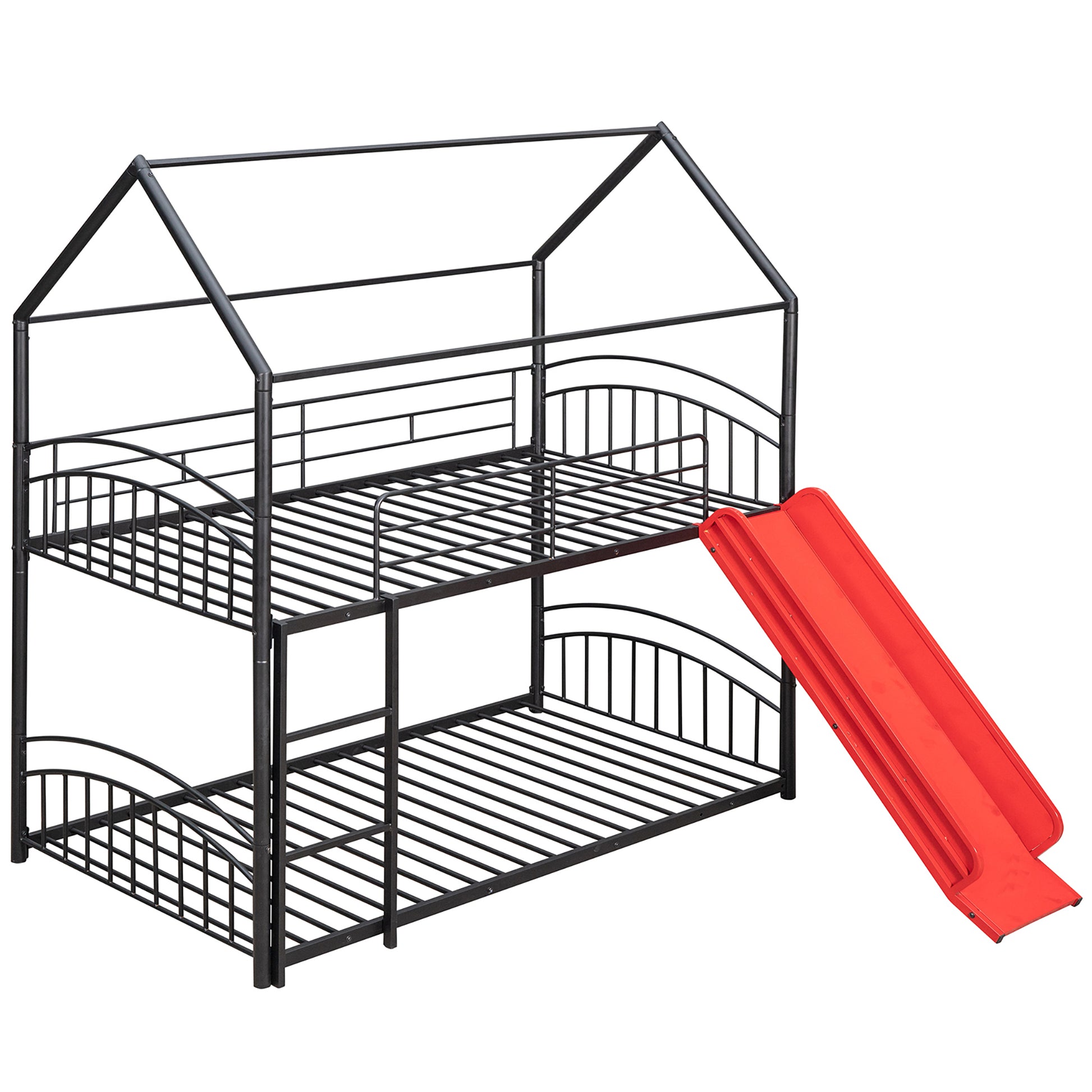 Twin Over Twin Metal Bunk Bed With Slide,Kids House Bed Black Red Twin Black Metal