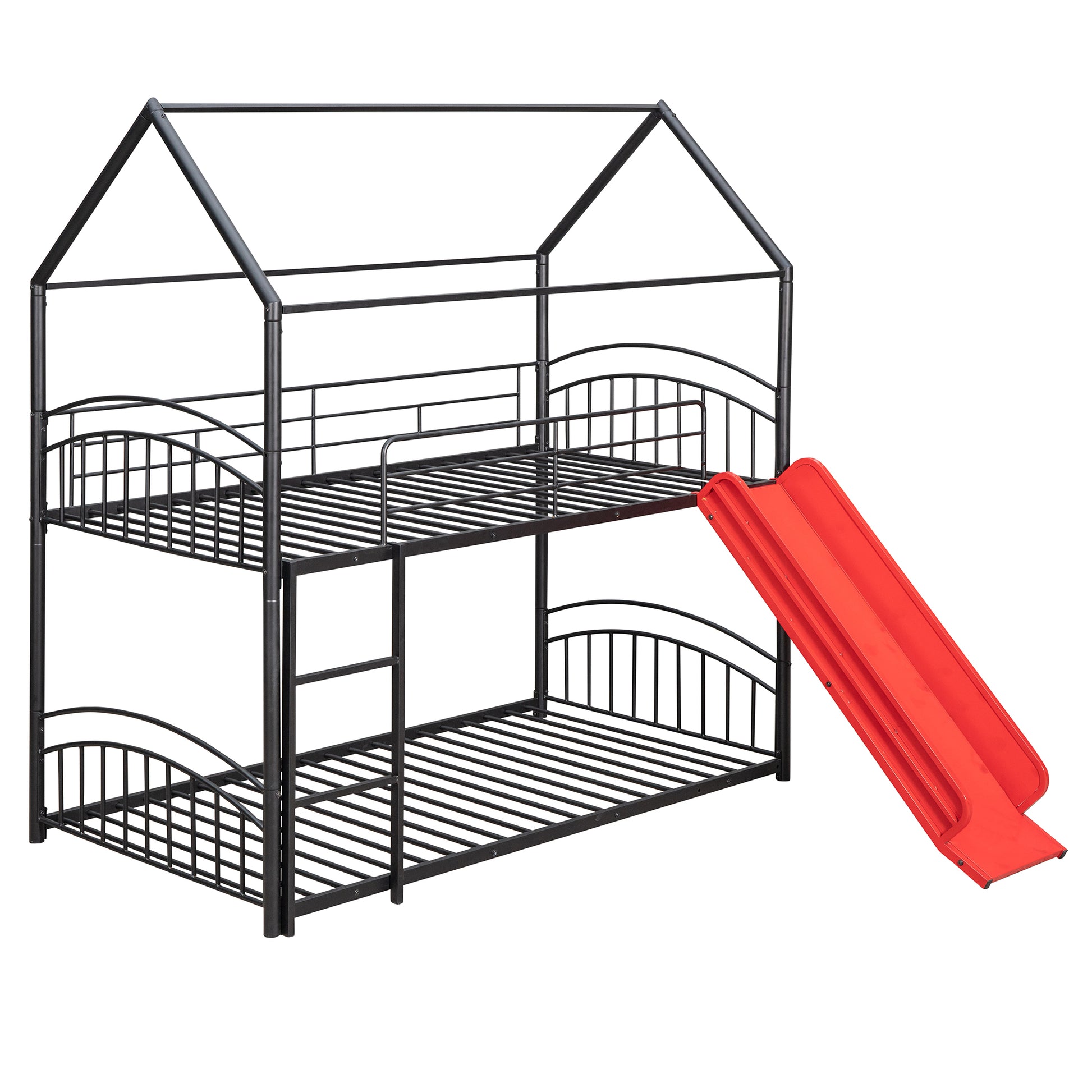 Twin Over Twin Metal Bunk Bed With Slide,Kids House Bed Black Red Black Metal