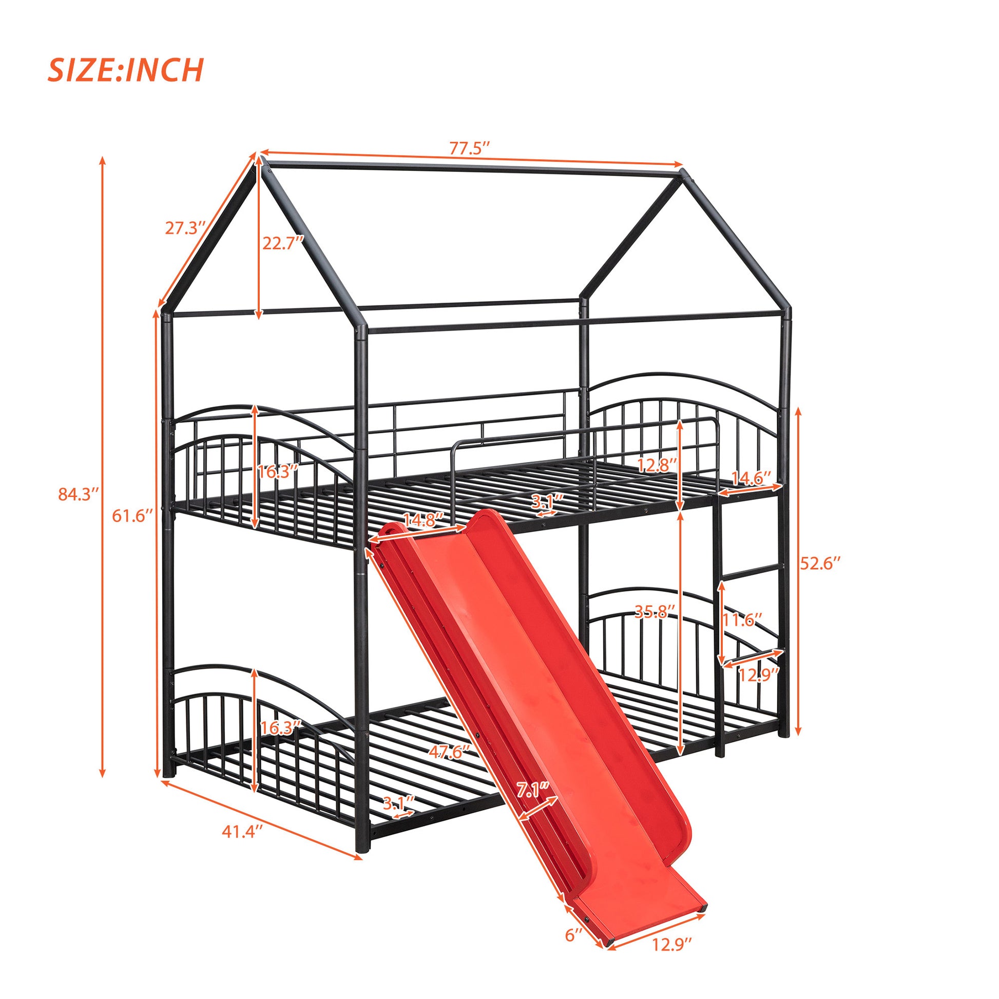 Twin Over Twin Metal Bunk Bed With Slide,Kids House Bed Black Red Twin Black Metal