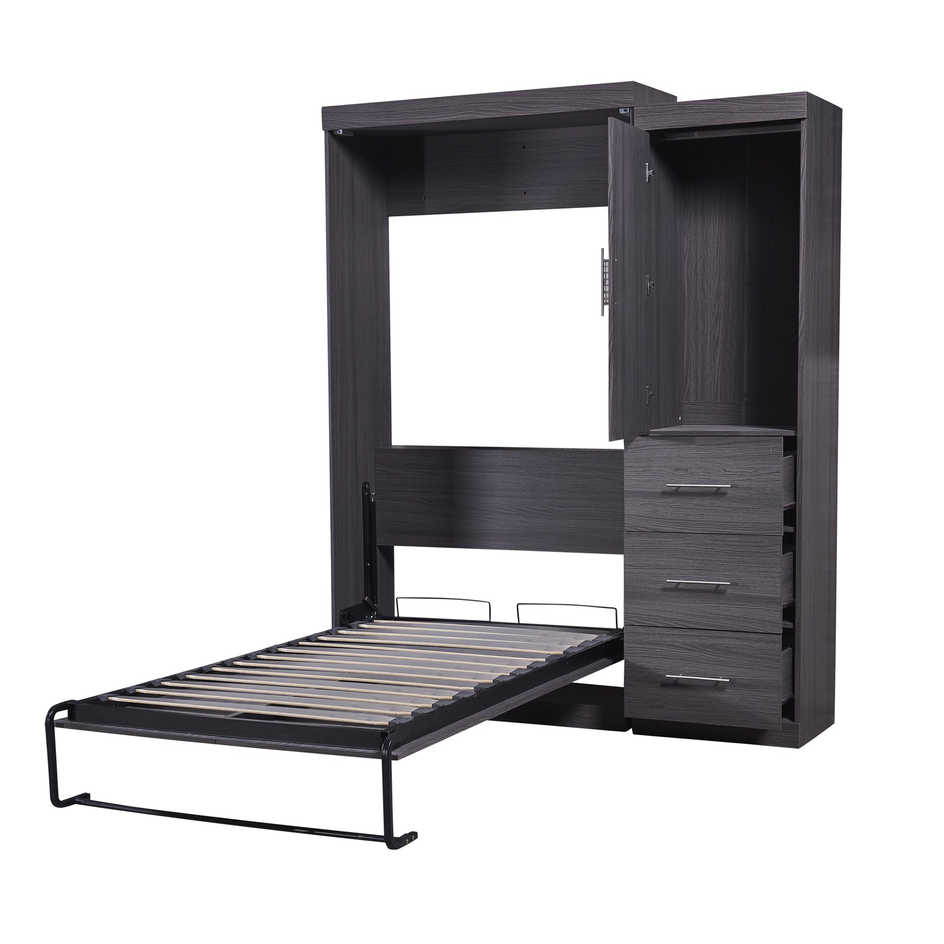Twin Size Murphy Bed With Wardrobe And Drawers, Storage Bed, Can Be Folded Into A Cabinet, Gray Gray Pine