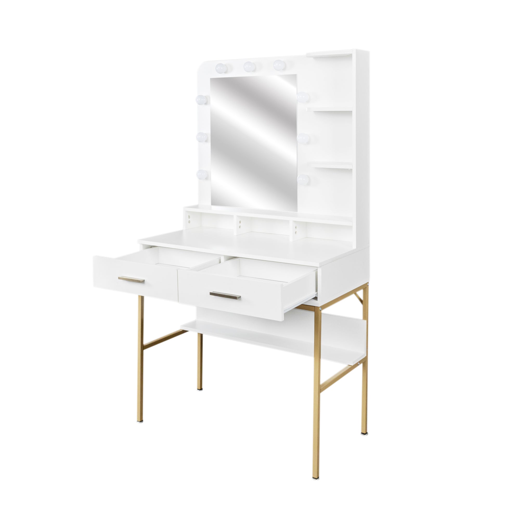 White Modern Simple Vanity With Stool, Solid Metal Frame Construction, 9 Led Lights Illuminate Makeup Mirror, Adjustable Brightness White Particle Board Mdf