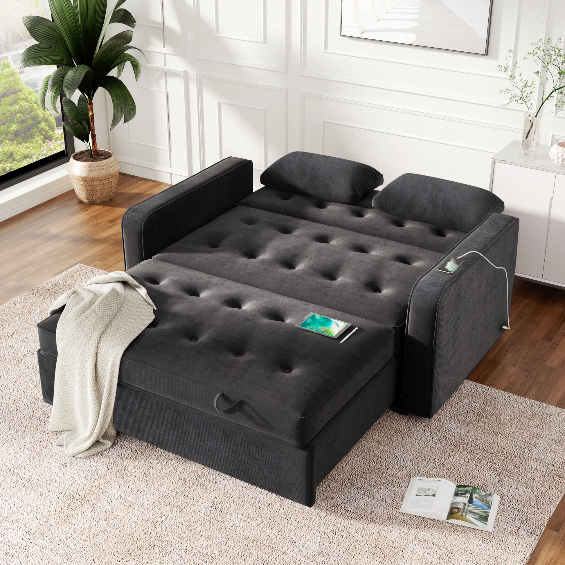 66.5" Upholstered Sleeper Bedpull Out Sofa Bed Couch Attached Two Throw Pillows,Dual Usb Charging Port And Adjustable Backrest For Living Room Space, Black Black Foam Polyester 2 Seat