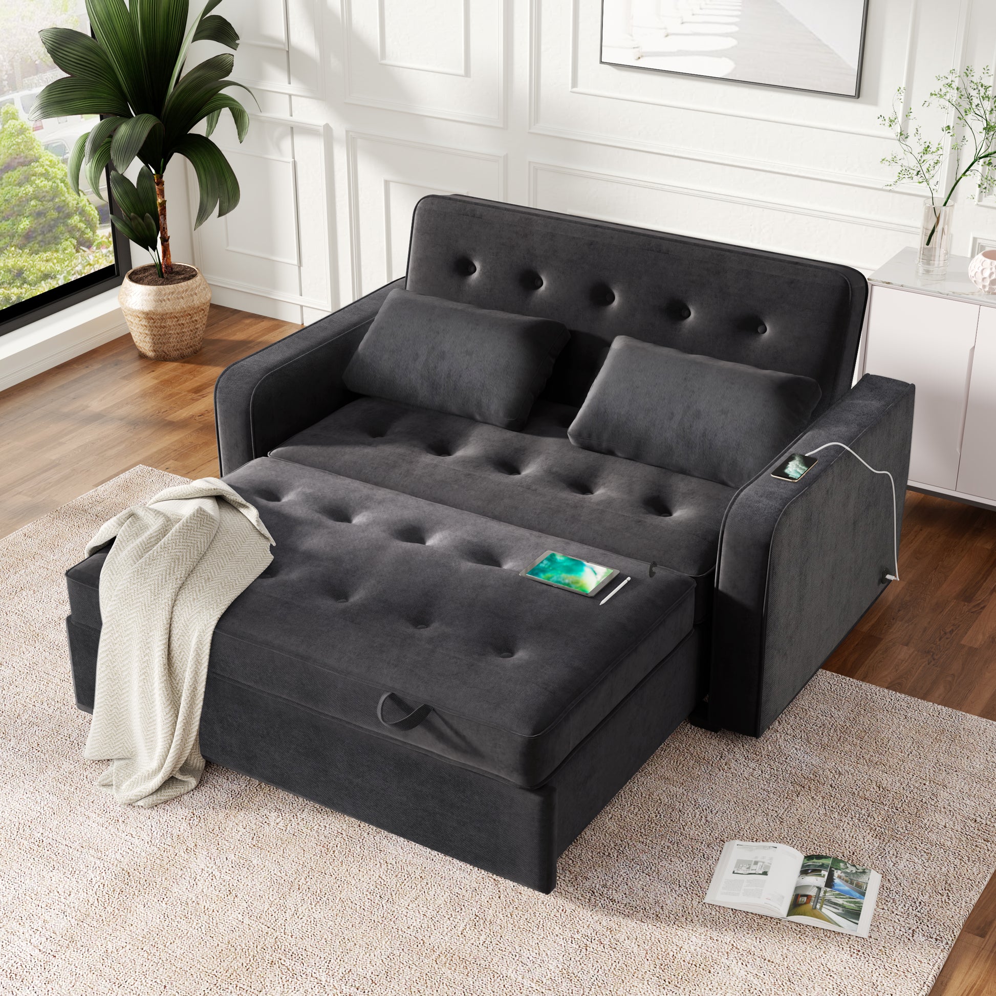 66.5" Upholstered Sleeper Bedpull Out Sofa Bed Couch Attached Two Throw Pillows,Dual Usb Charging Port And Adjustable Backrest For Living Room Space, Black Black Foam Polyester 2 Seat