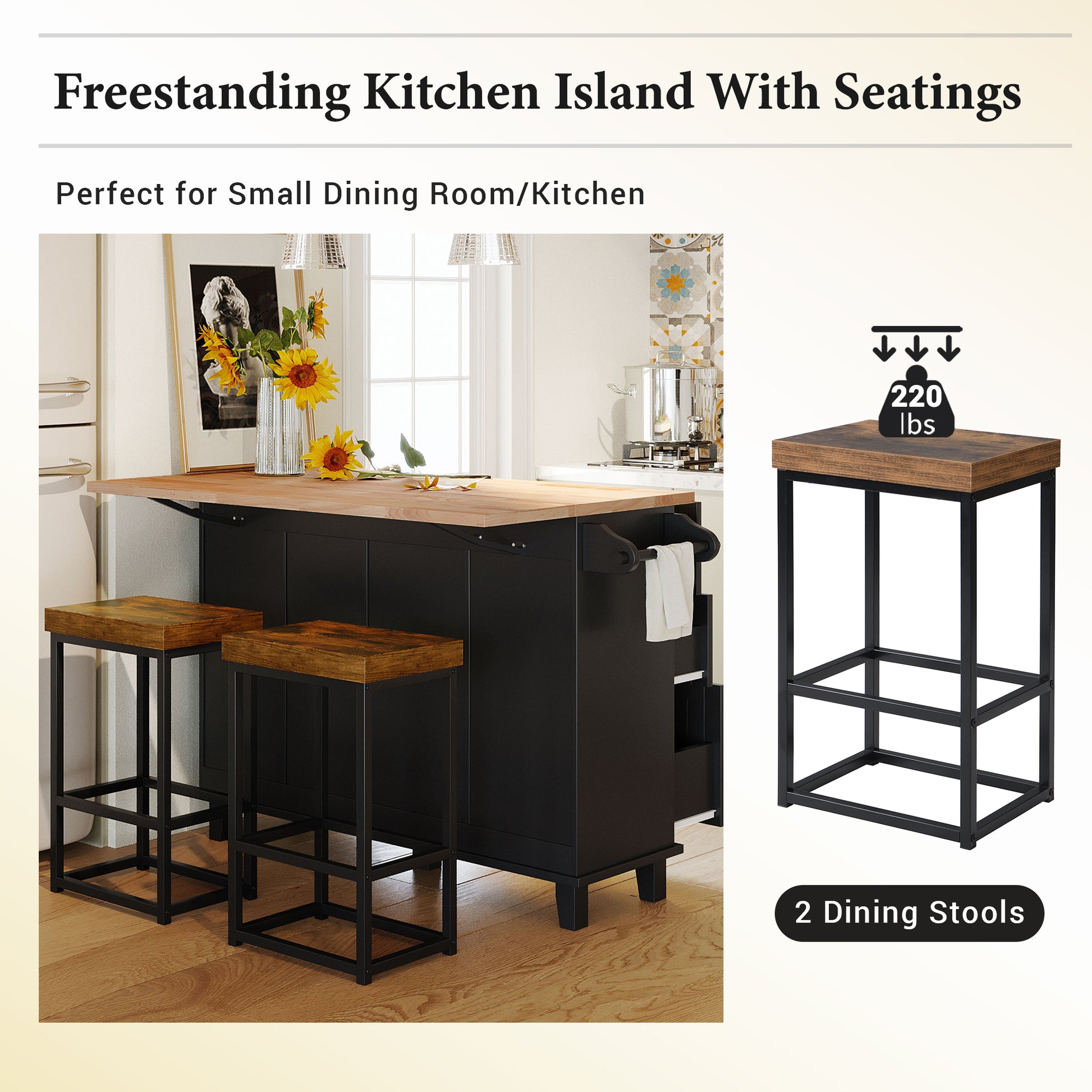 Farmhouse Kitchen Island Set With Drop Leaf And 2 Seatings,Dining Table Set With Storage Cabinet, Drawers And Towel Rack, Black Rustic Brown Black Kitchen Farmhouse Rectangular Kitchen Island Sets