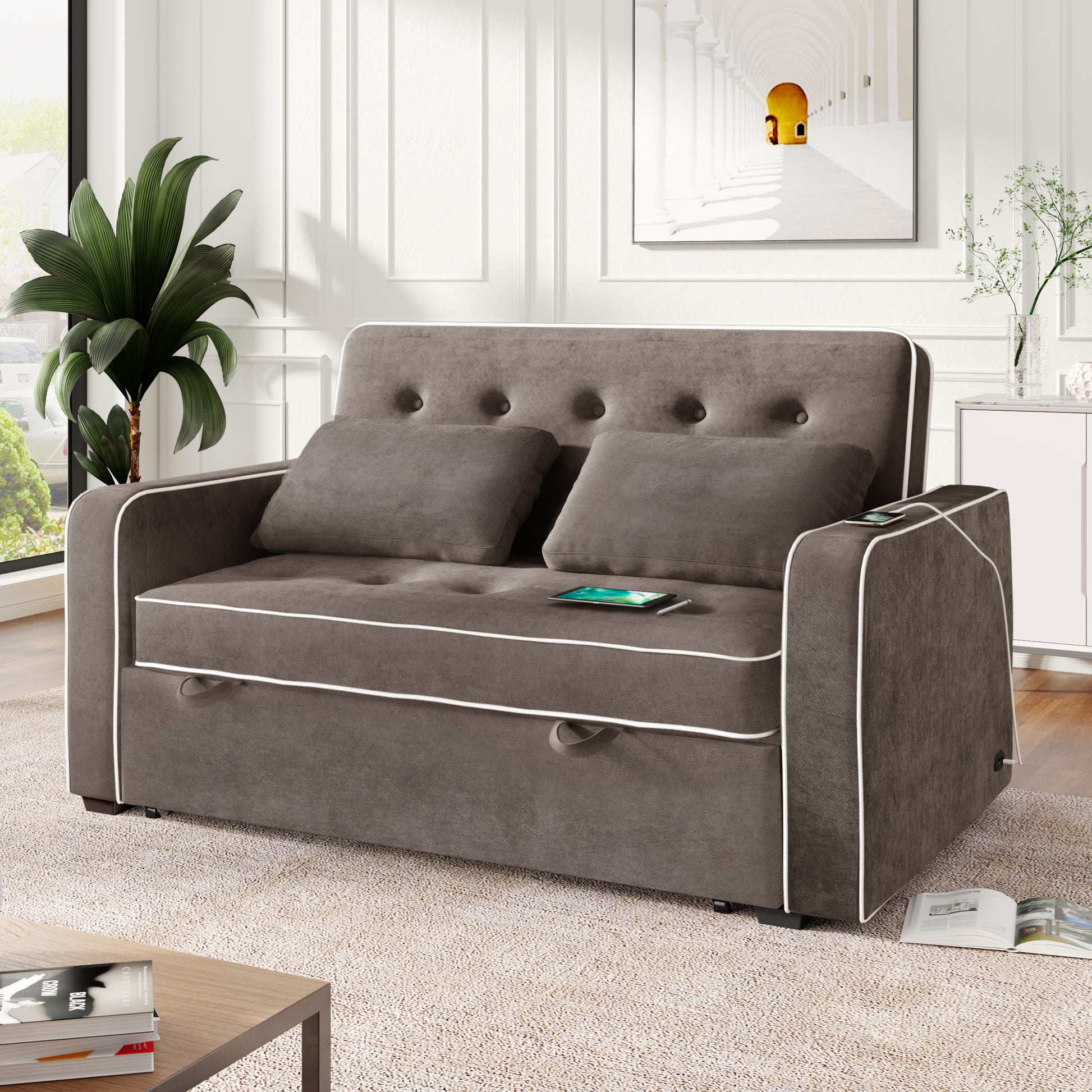 66.5" Upholstered Sleeper Bedpull Out Sofa Bed Couch Attached Two Throw Pillows,Dual Usb Charging Port And Adjustable Backrest For Living Room Space,Brown Gray Brown Gray Foam Polyester 2 Seat