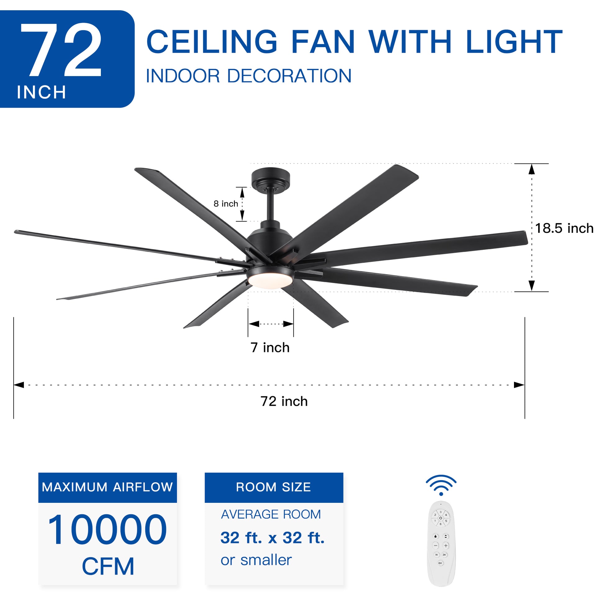 72" Supper Large Integrated Led Light Ceiling Fan With Black Abs Blade Matt Black Abs