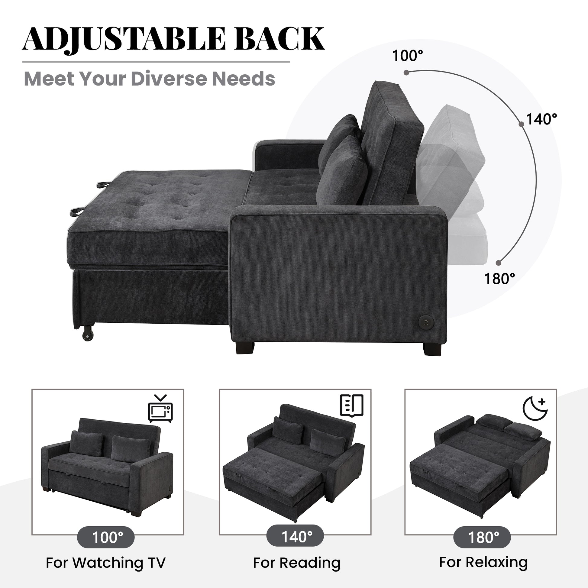 66.5" Upholstered Sleeper Bedpull Out Sofa Bed Couch Attached Two Throw Pillows,Dual Usb Charging Port And Adjustable Backrest For Living Room Space, Black Black Foam Polyester 2 Seat