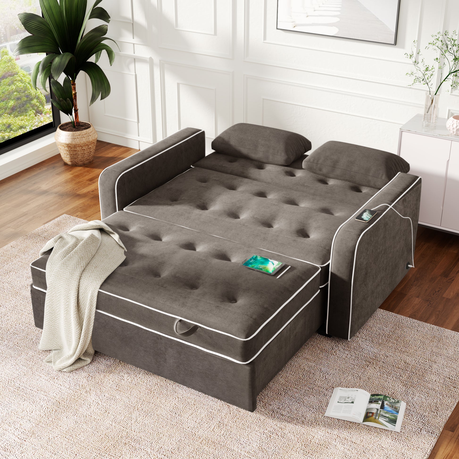 66.5" Upholstered Sleeper Bedpull Out Sofa Bed Couch Attached Two Throw Pillows,Dual Usb Charging Port And Adjustable Backrest For Living Room Space,Brown Gray Brown Gray Foam Polyester 2 Seat