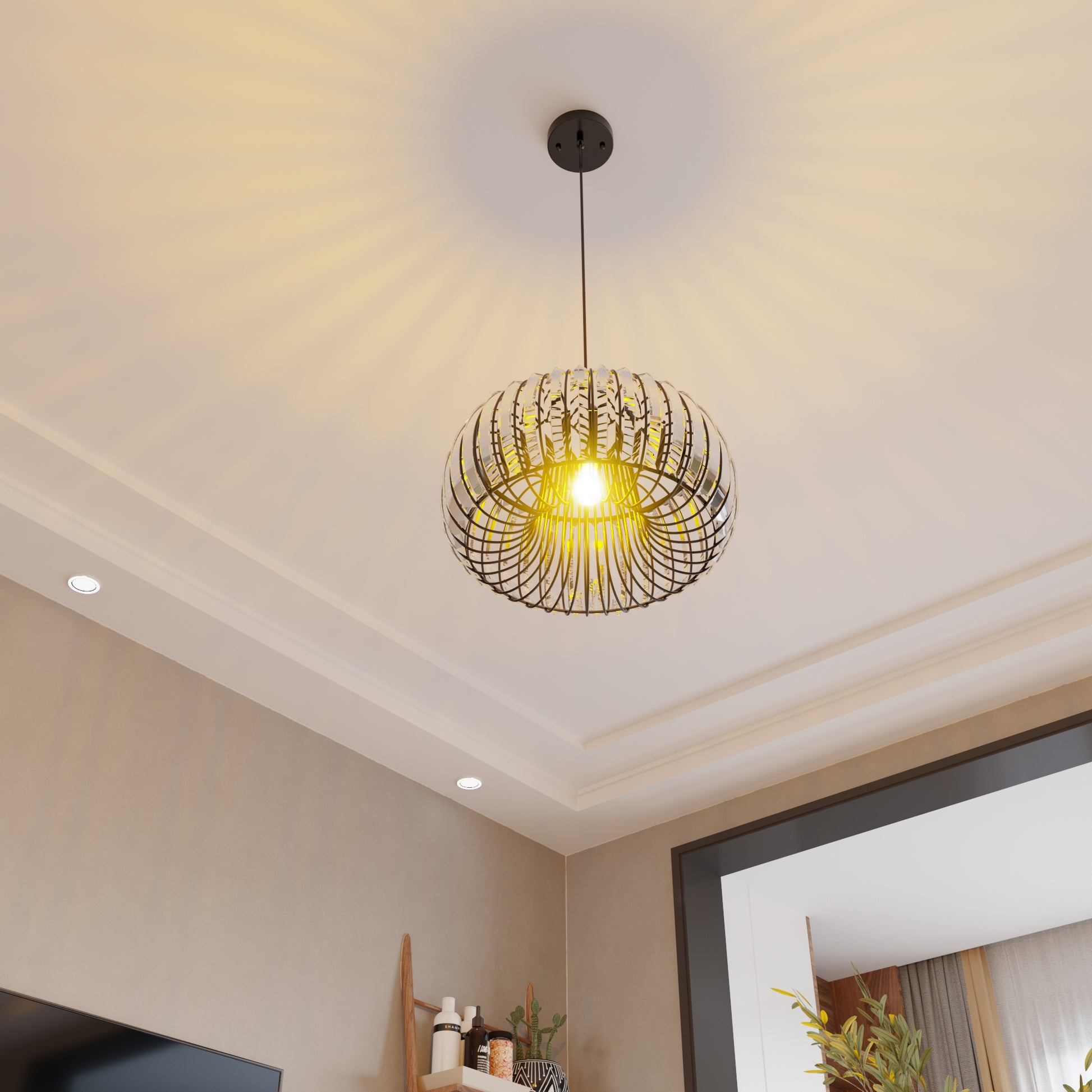 Modern Oblate Black Crystal Chandelier Fixture, Ceiling Pendant Light For Living Room, Bedroom, Kitchen, Dining Room, Hallway, Adjustable Color Temperature, Dimmable, 120V, E26, W16.5*L31.5 Matt