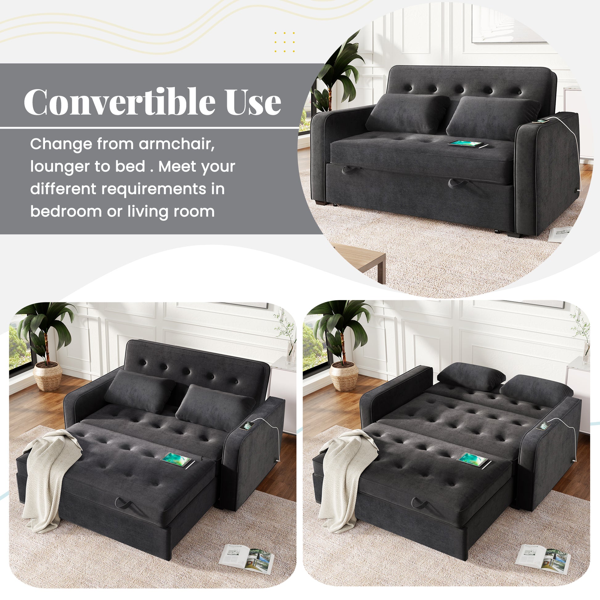 66.5" Upholstered Sleeper Bedpull Out Sofa Bed Couch Attached Two Throw Pillows,Dual Usb Charging Port And Adjustable Backrest For Living Room Space, Black Black Foam Polyester 2 Seat