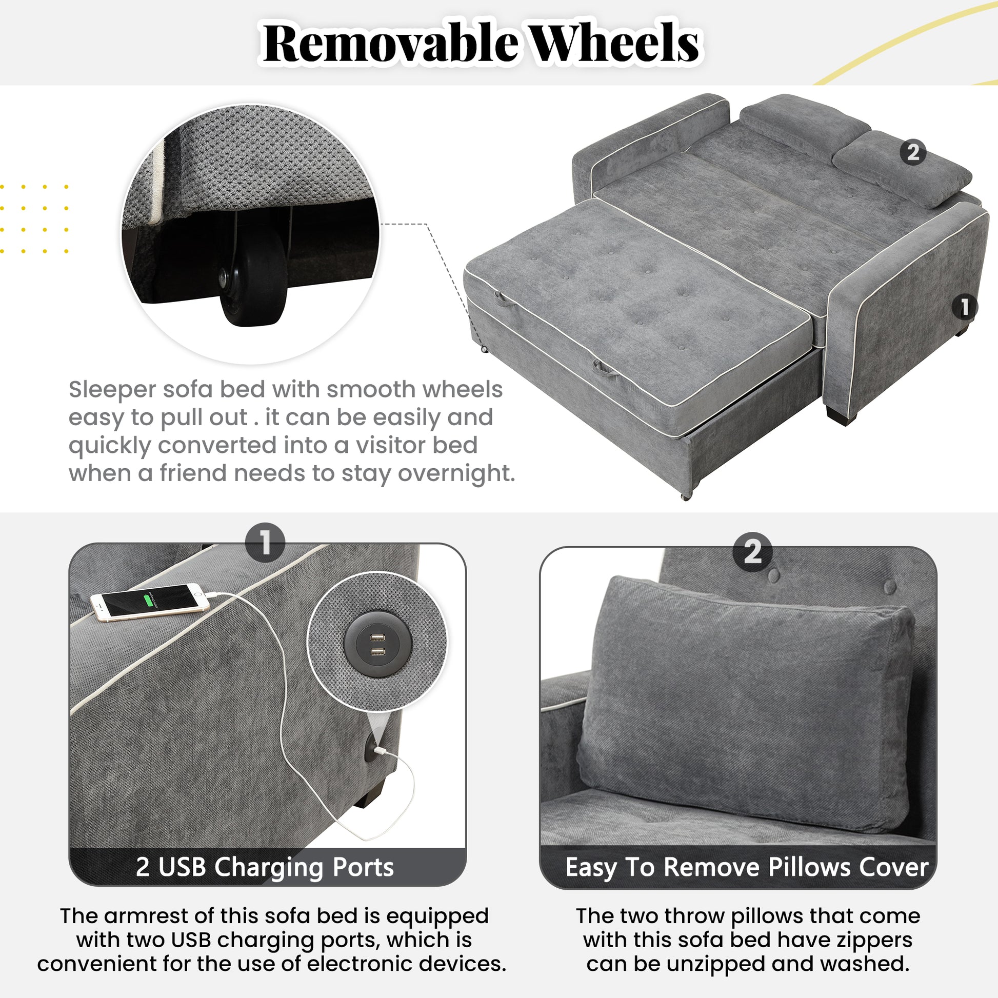 66.5" Linen Upholstered Sleeper Bed, Pull Out Sofa Bed Couch Attached Two Throw Pillows, Dual Usb Charging Port And Adjustable Backrest For Living Room Space, Charcoal Gray Charcoal Grey Foam Linen 2 Seat