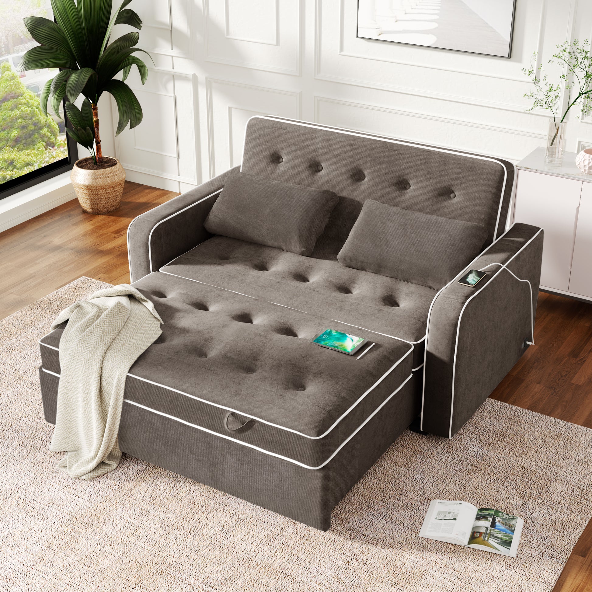 66.5" Upholstered Sleeper Bedpull Out Sofa Bed Couch Attached Two Throw Pillows,Dual Usb Charging Port And Adjustable Backrest For Living Room Space,Brown Gray Brown Gray Foam Polyester 2 Seat