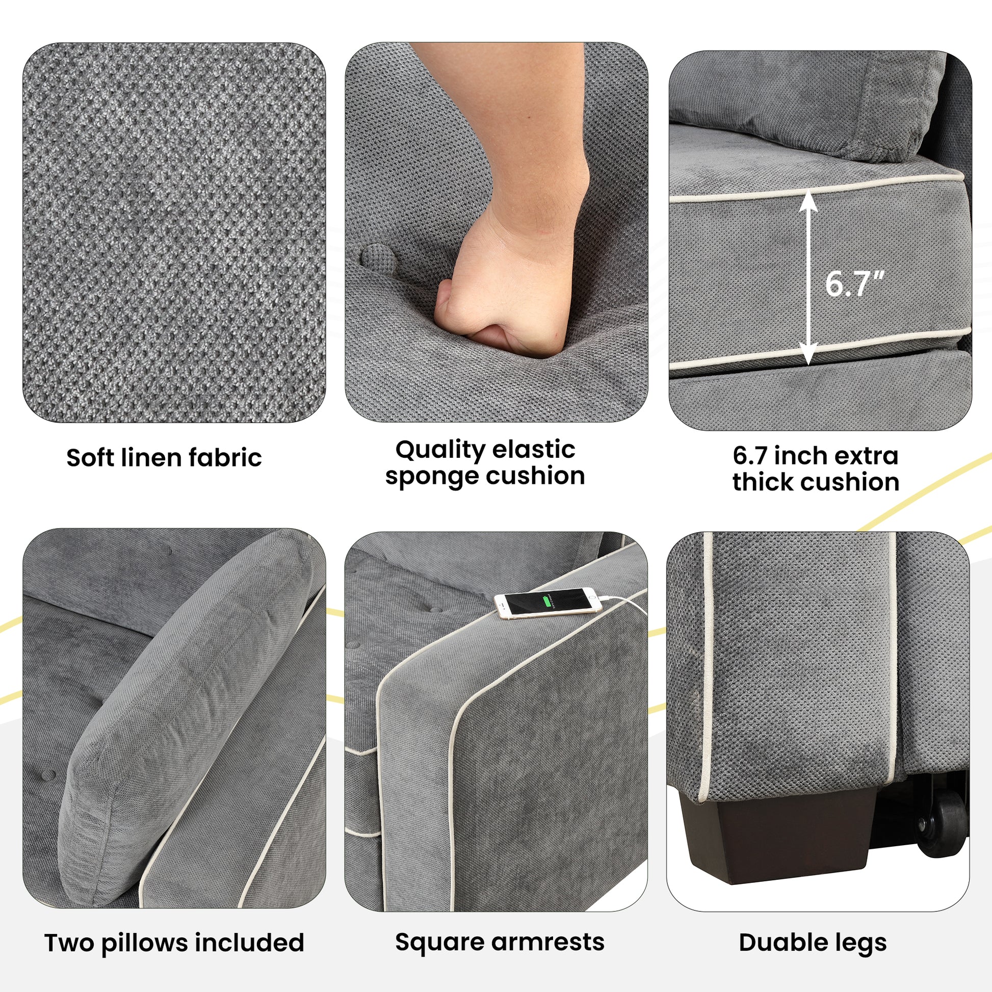 66.5" Linen Upholstered Sleeper Bed, Pull Out Sofa Bed Couch Attached Two Throw Pillows, Dual Usb Charging Port And Adjustable Backrest For Living Room Space, Charcoal Gray Charcoal Grey Foam Linen 2 Seat