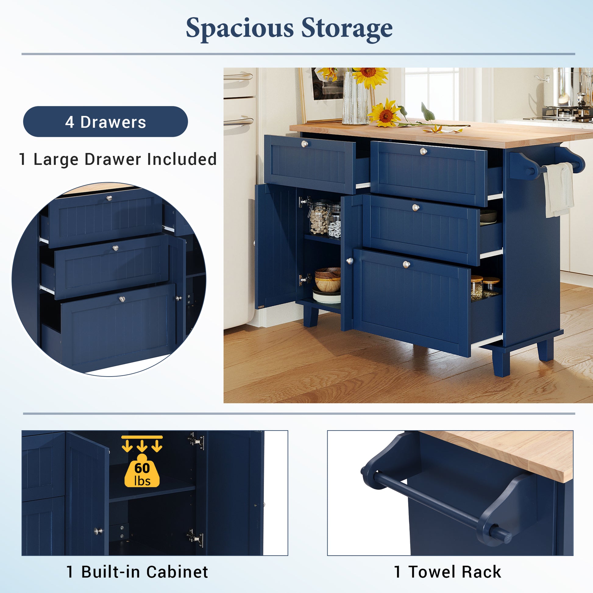 Farmhouse Kitchen Island Set With Drop Leaf And 2 Seatings,Dining Table Set With Storage Cabinet, Drawers And Towel Rack, Blue Black Brown Blue Kitchen Farmhouse Rectangular Kitchen Island Sets Rubberwood Solid Wood Small Less Than 40In