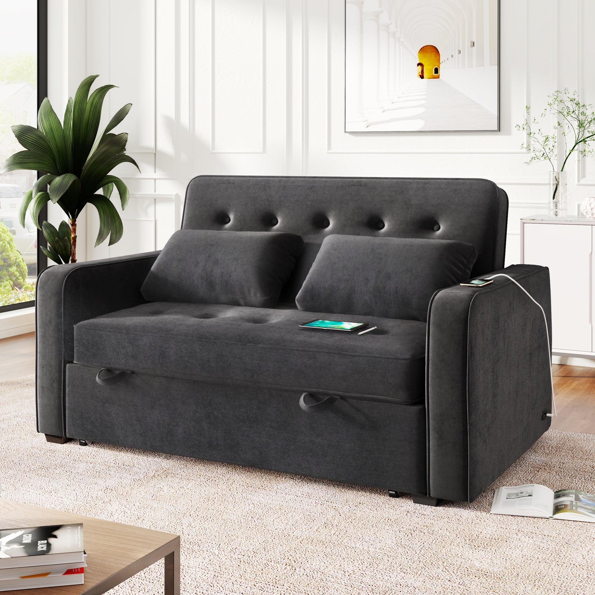 66.5" Upholstered Sleeper Bedpull Out Sofa Bed Couch Attached Two Throw Pillows,Dual Usb Charging Port And Adjustable Backrest For Living Room Space, Black Black Foam Polyester 2 Seat