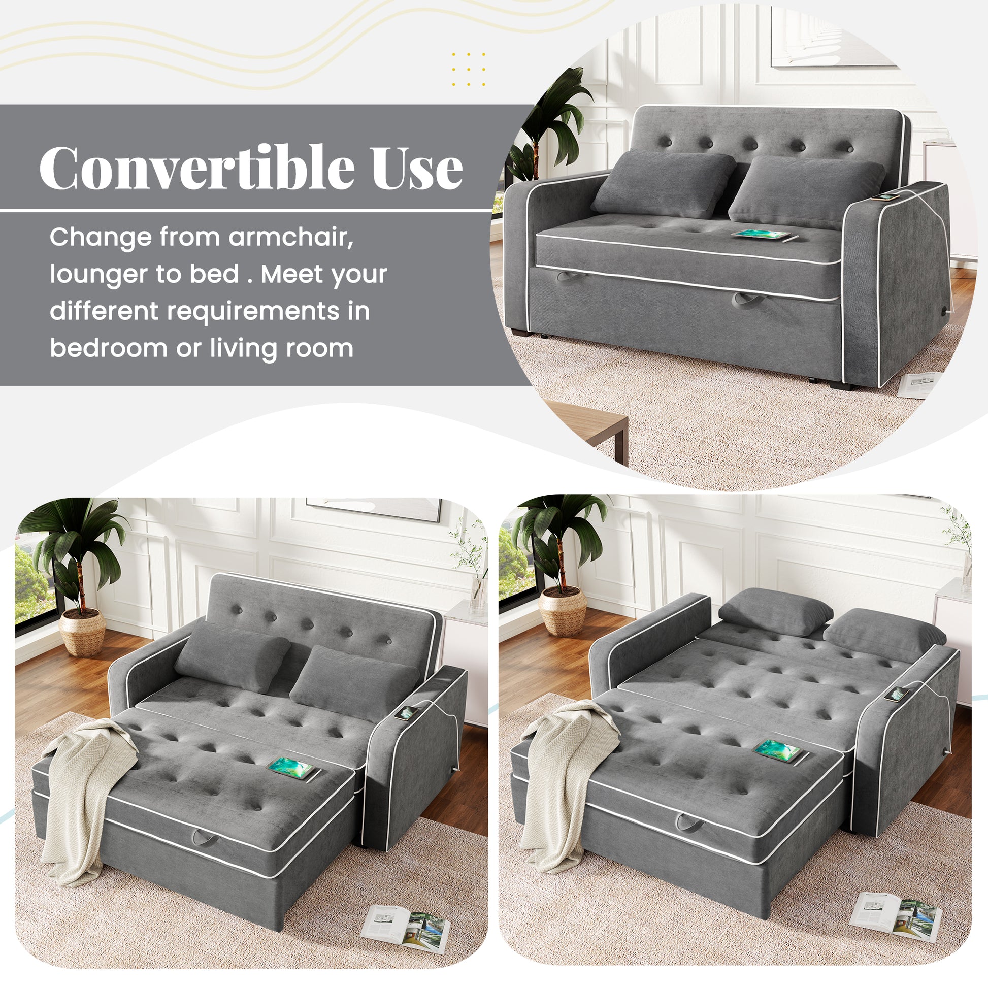 66.5" Linen Upholstered Sleeper Bed, Pull Out Sofa Bed Couch Attached Two Throw Pillows, Dual Usb Charging Port And Adjustable Backrest For Living Room Space, Charcoal Gray Charcoal Grey Foam Linen 2 Seat