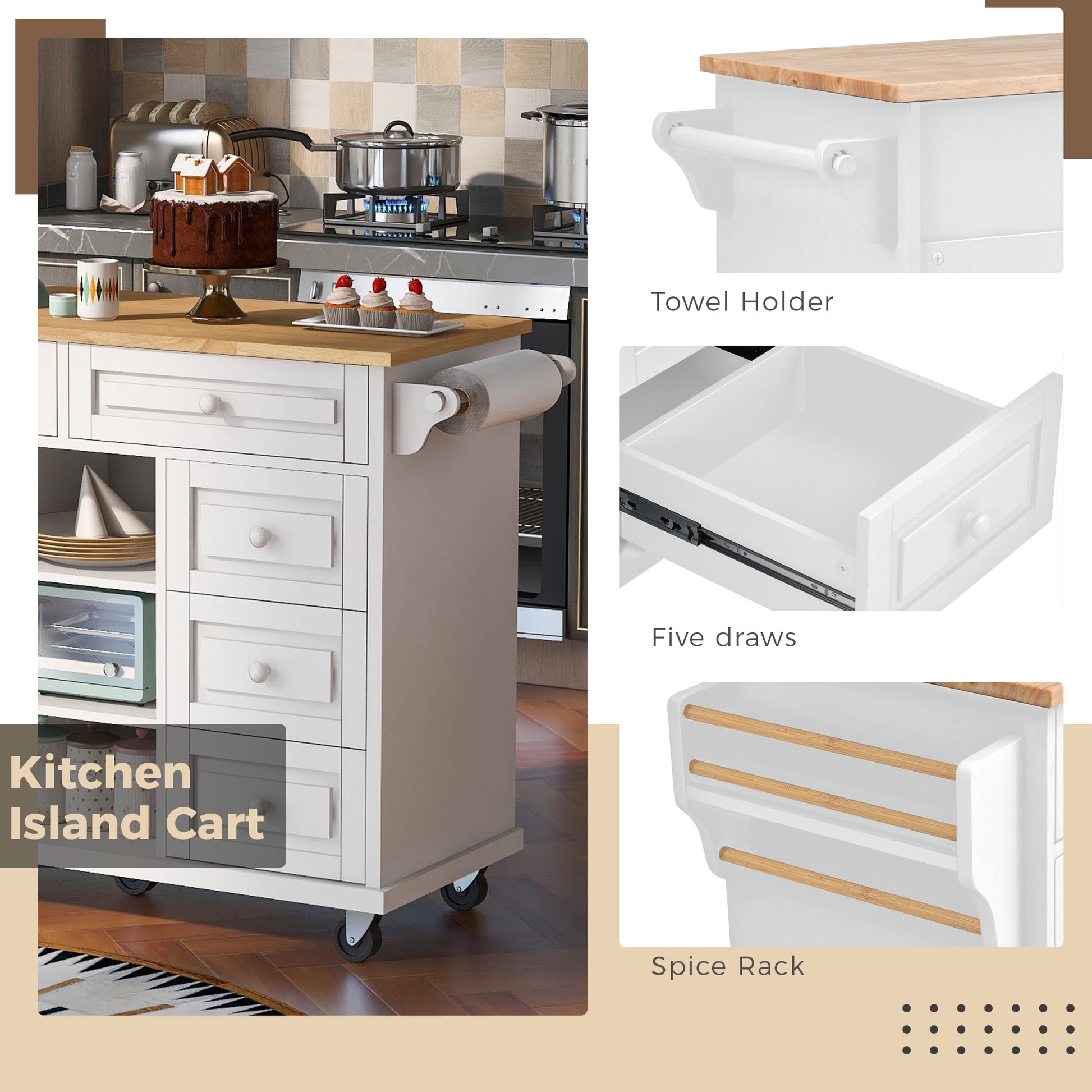 Kitchen Cart With Rubber Wood Desktop Rolling Mobile Kitchen Island With Storage And 5 Draws 53 Inch Length White White Mdf