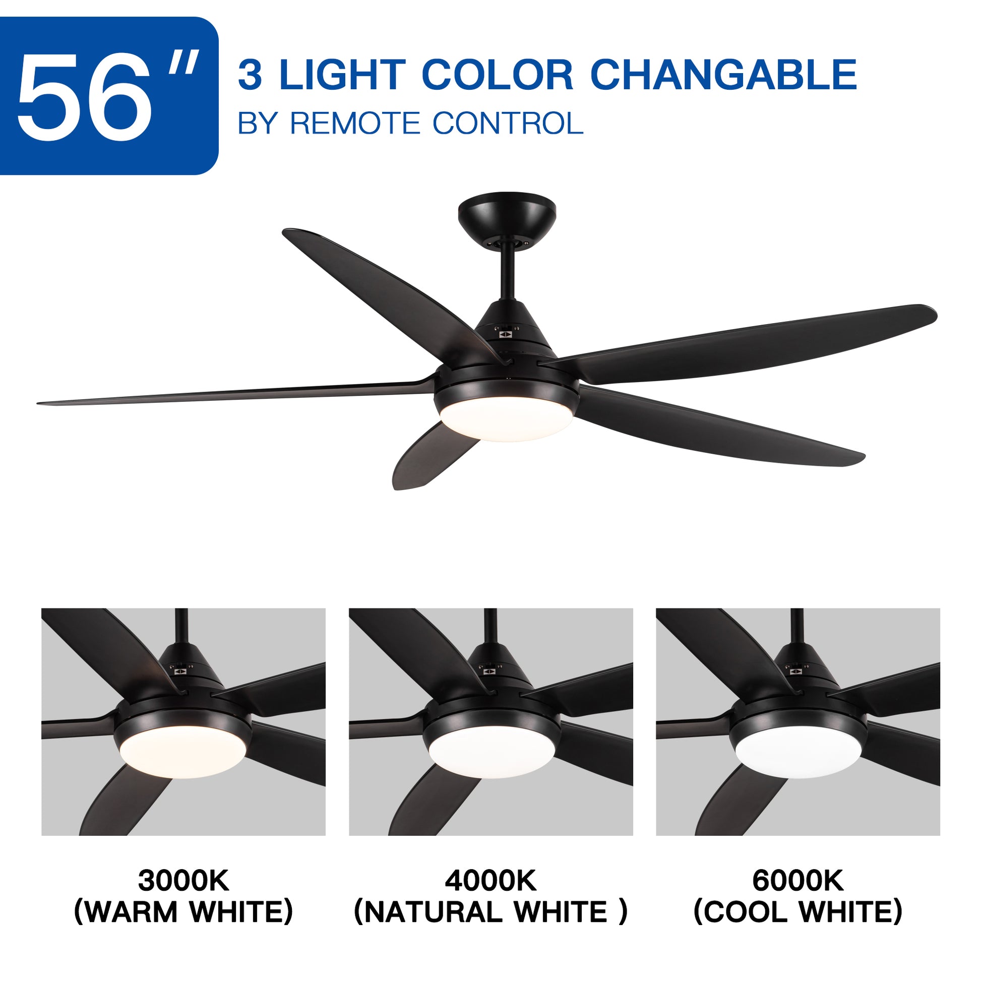 56 In Intergrated Led Ceiling Fan Lighting With Black Abs Blade Black Abs