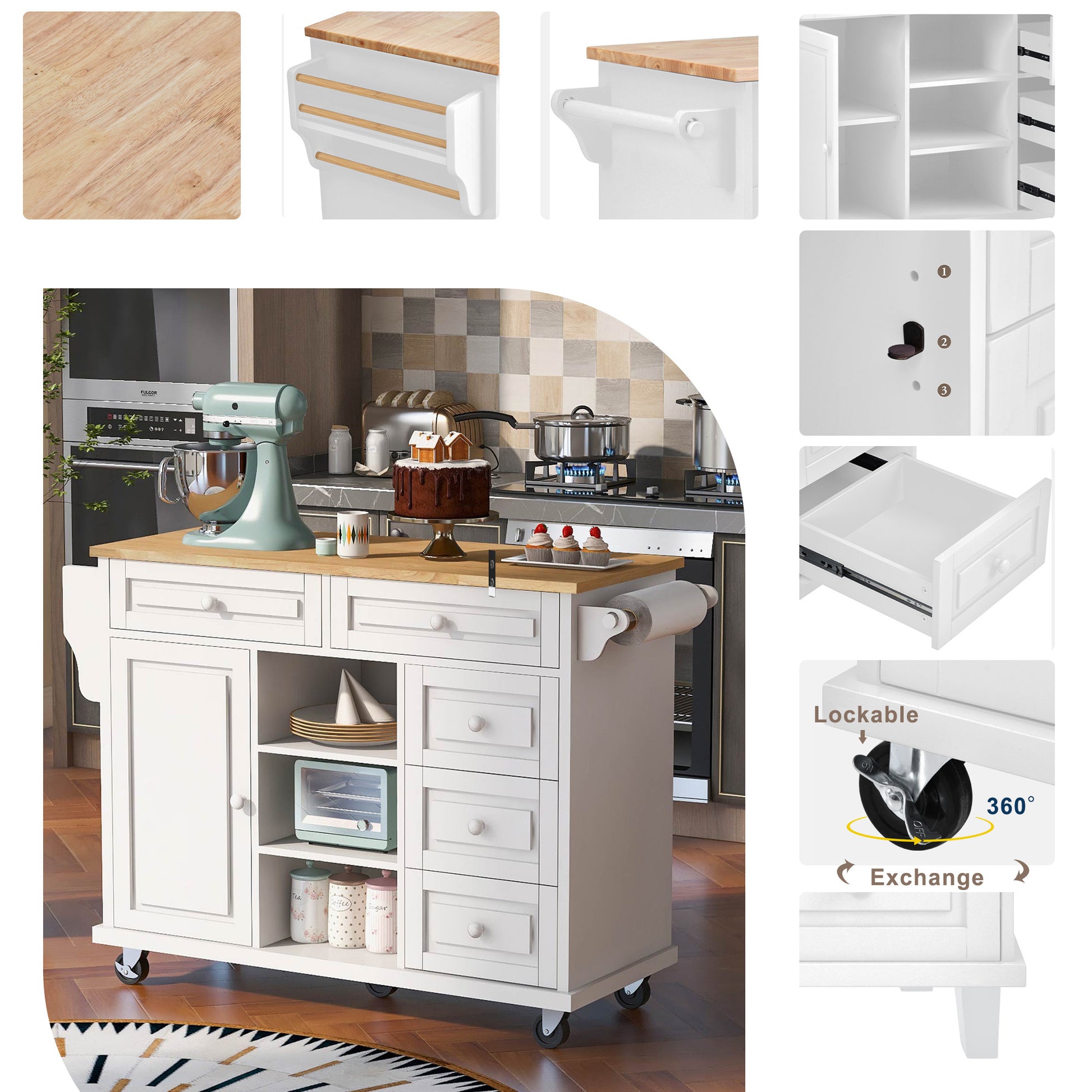 Kitchen Cart With Rubber Wood Desktop Rolling Mobile Kitchen Island With Storage And 5 Draws 53 Inch Length White White Mdf