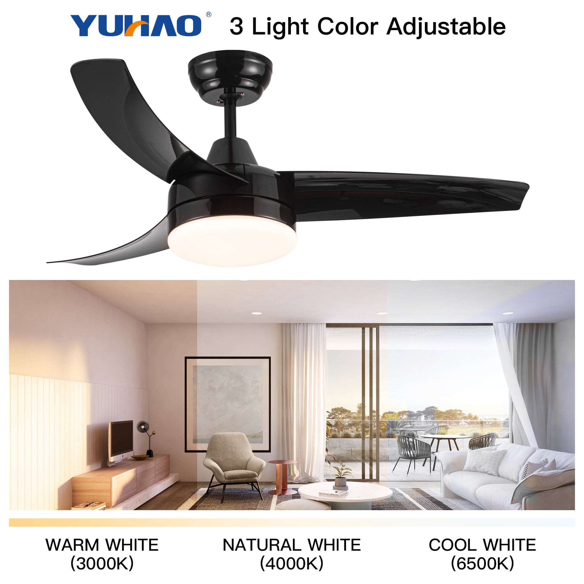 Yuhao 42 Inch 3 Blade Matte Black Dc Motor Modern Contemporary Led Ceiling Fan 42 In X 42 In X 10.34 In Black Abs