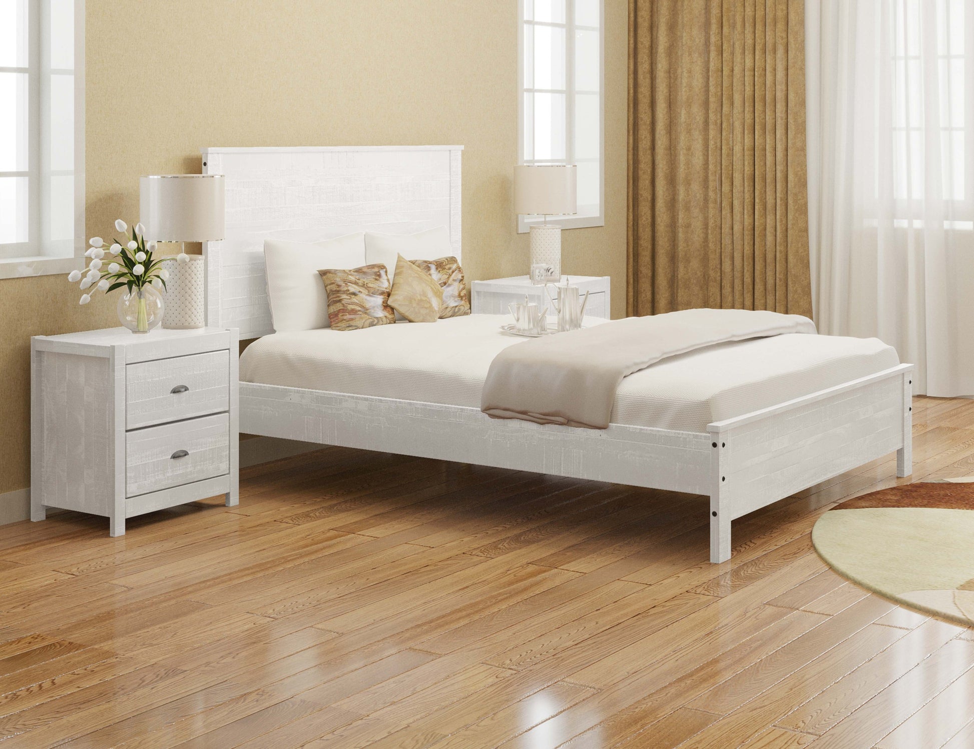 Albany Solid Wood Twin Bed Frame With Headboard, Heavy Duty Modern Rustic Twin Size Bed Frames, Box Spring Needed White Solid Wood