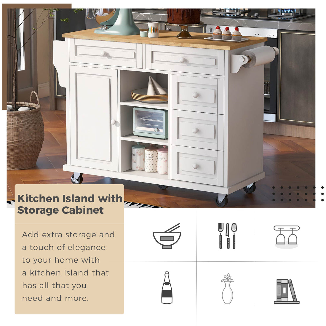 Kitchen Cart With Rubber Wood Desktop Rolling Mobile Kitchen Island With Storage And 5 Draws 53 Inch Length White White Mdf