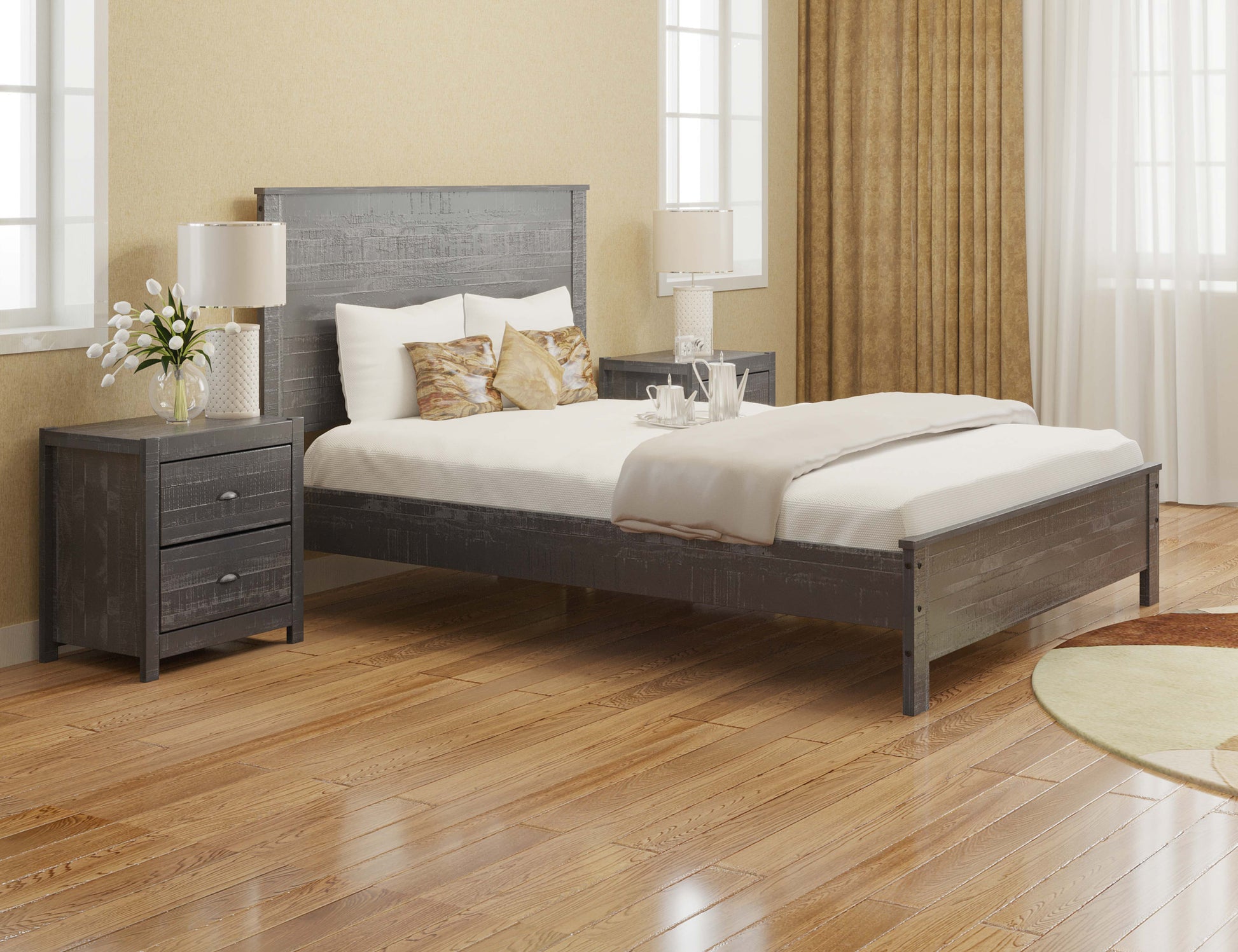 Albany Solid Wood Twin Bed Frame With Headboard, Heavy Duty Modern Rustic Twin Size Bed Frames, Box Spring Needed Grey Solid Wood