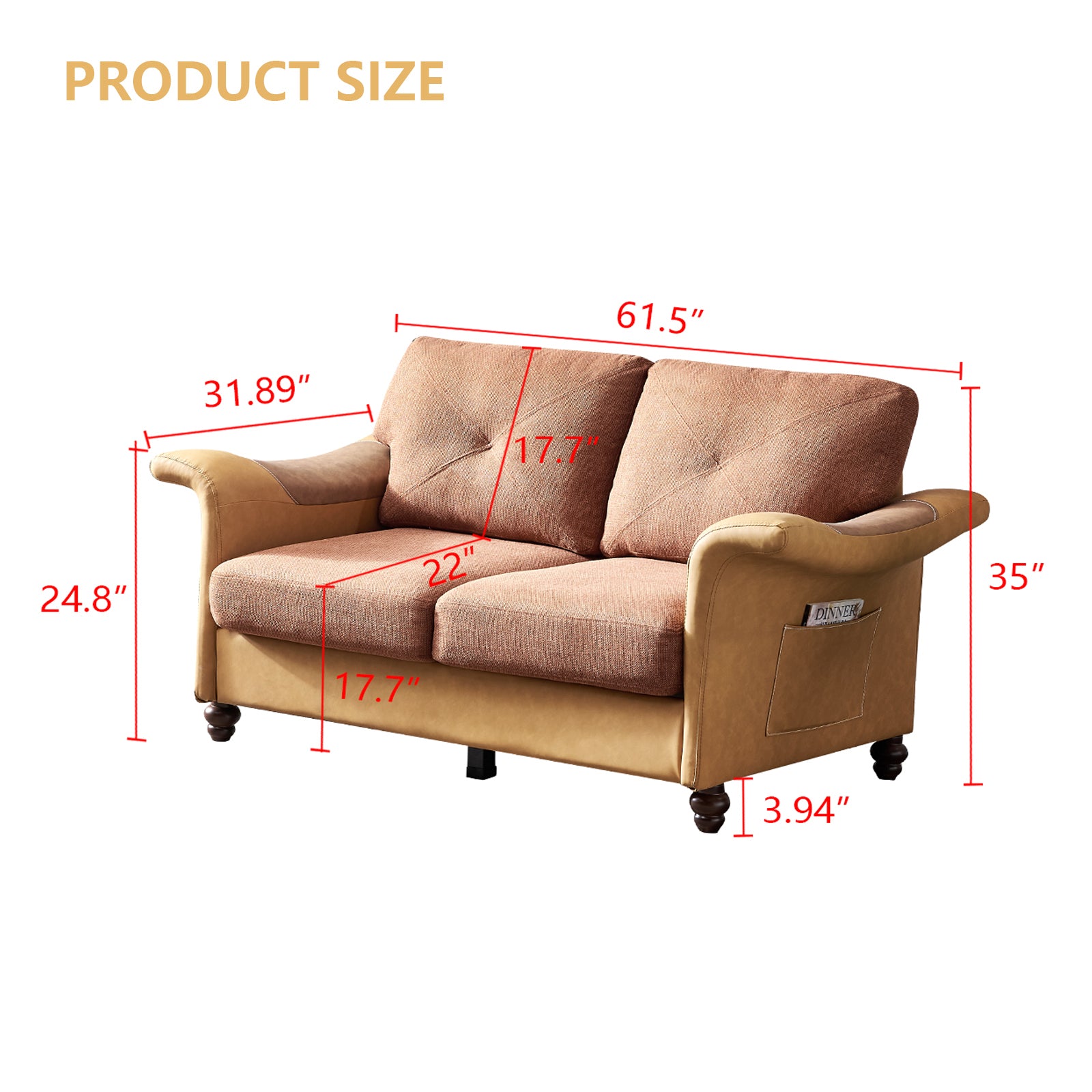 Living Room General Use Linen Fabric Faux Leather With Wood Leg Beautiful Seat Red Brown Brown Foam Fabric